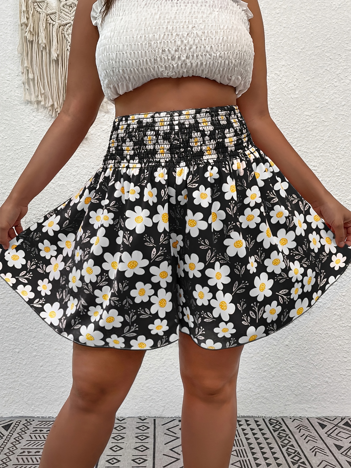 Plus Size - Plus Size - Didi Direction Plus Size Bohemian Style Printed Ruffled Waist Wide Leg Shorts, Summer Essential