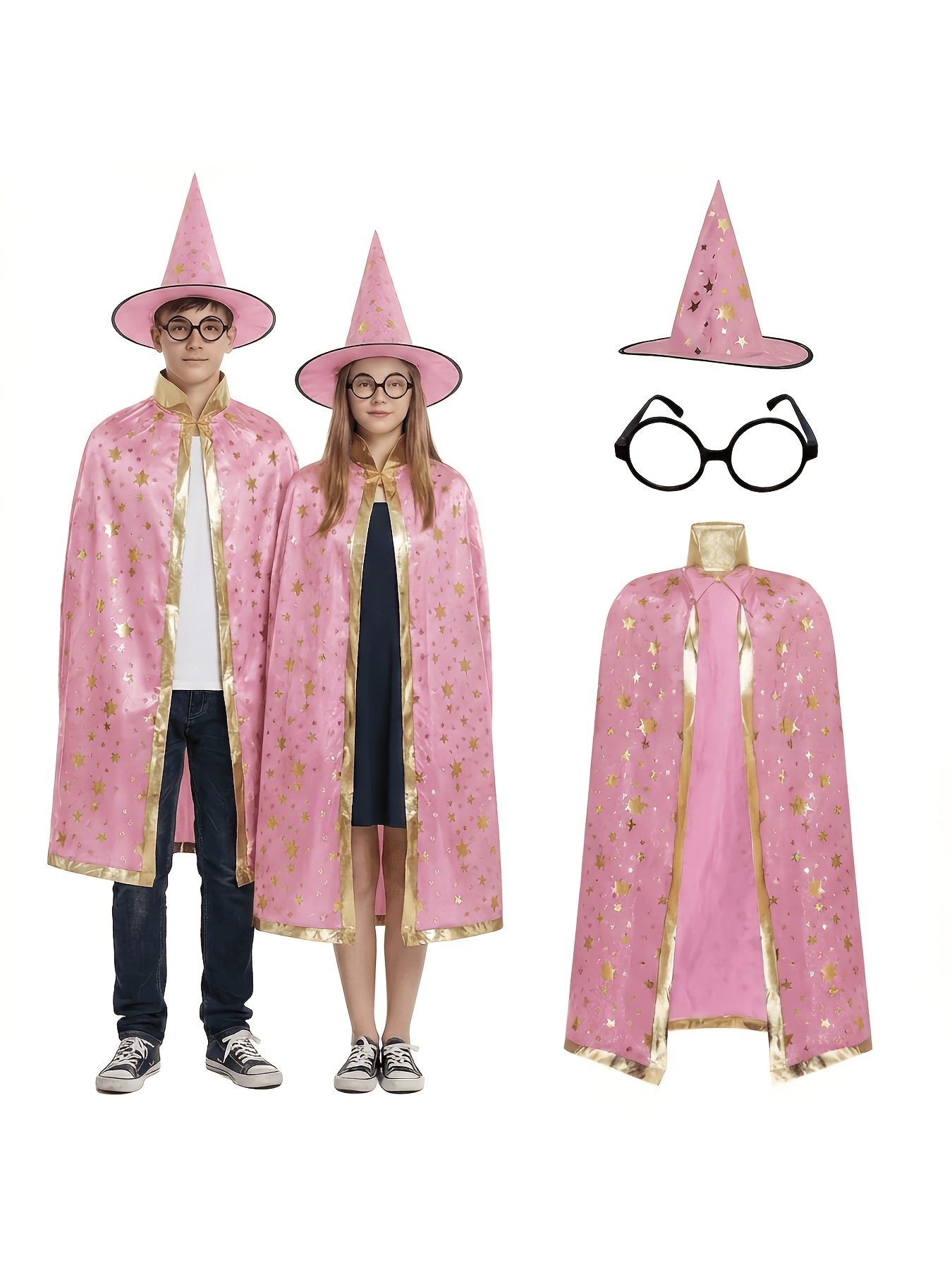 3pcs Wizard Costume for Teens, Blue & Golden Starry Witch Cape with Pointed Hat and Round Eyeglass Frames (No Lenses), Teenager Styling Costume for Halloween, Carnival, Masquerade, and School Performance, for Teenager - Image 3