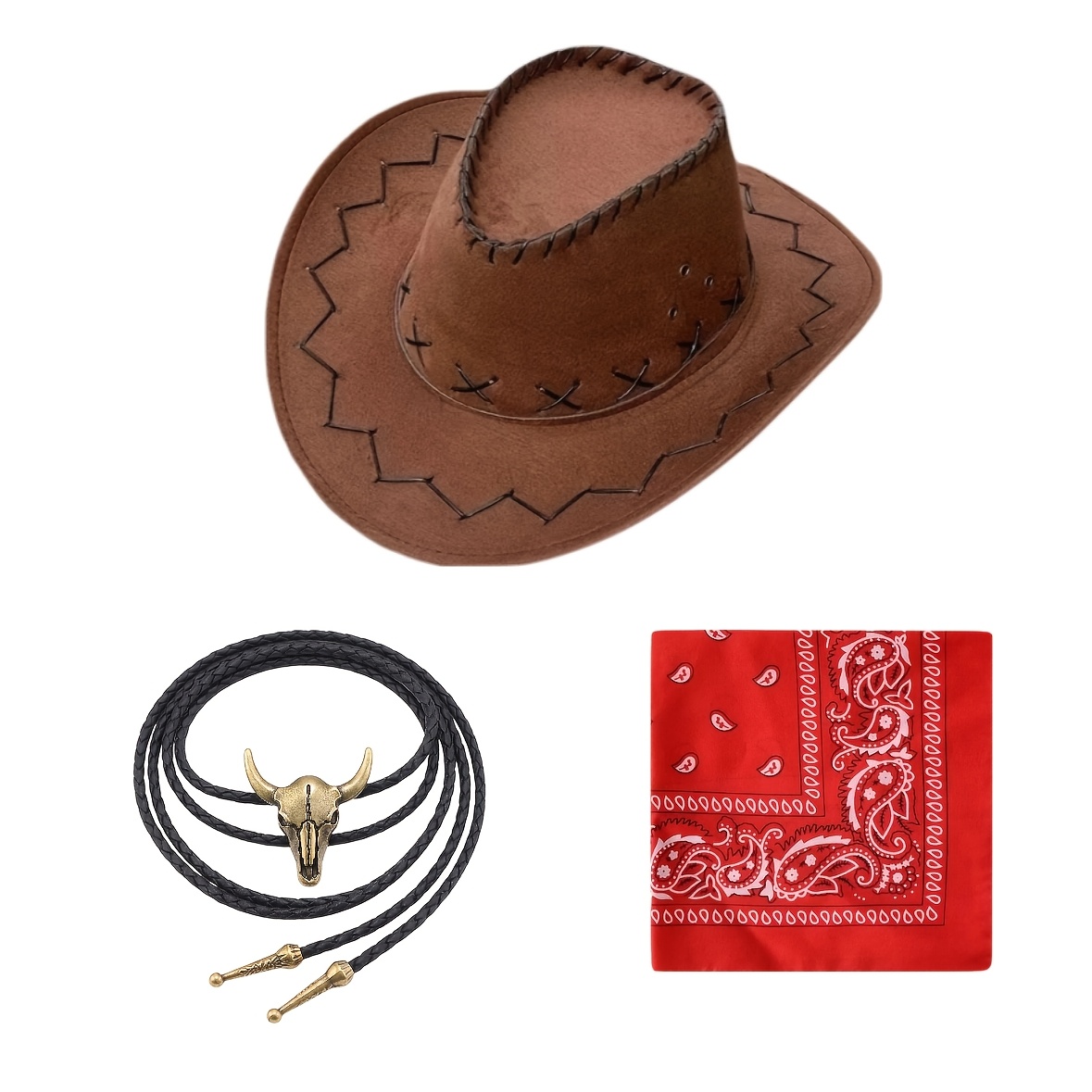 Women's 3pcs Vintage 70s Hippie Cowgirl Costume with Brown Stitch Western Hat, Red Bandana & Bull Bolo Tie - Retro Ranch Party Outfit Suitable for Rodeo, Country Music Festivals, Western-Themed Parties, Cowgirl Attire
