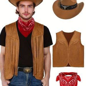 3pcs Men'S Western Cowboy Costume Set - Vintage Cowboy Outfit with Tassel Vest, Hat & Bandana, Non-Stretch Fabric, Regular Fit for Halloween, Carnival, Hippie Theme Parties - Western Cowboy Costume for Men, Cowboy Costume, Carnival Attire