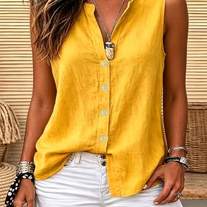 Women'S Casual Sleeveless Top, V-Neck Button-Up Vest Style, Solid Color Loose Fit Blouse, Suitable for Beach Casual And Daily Wear