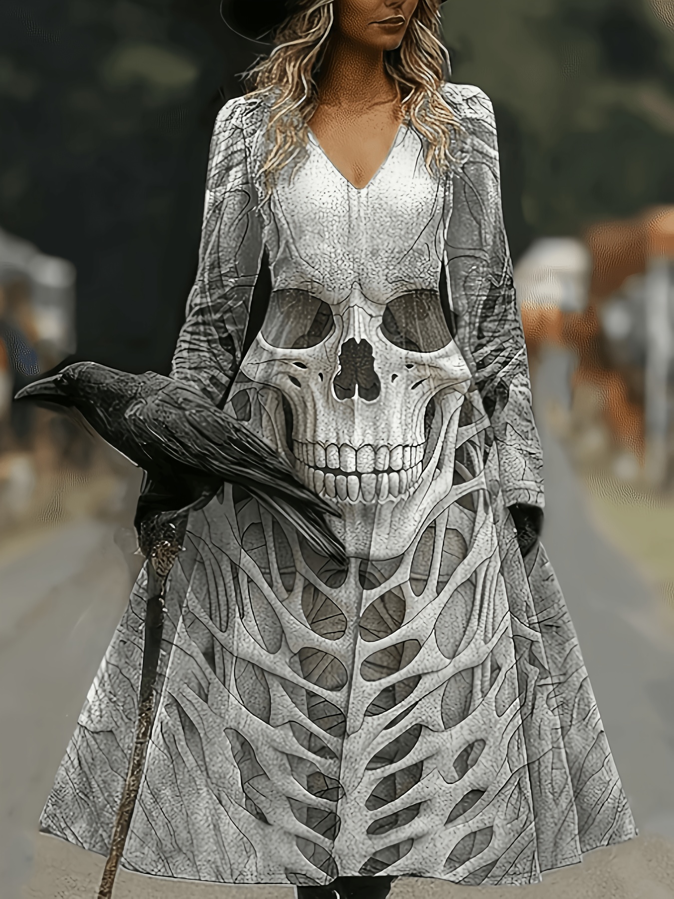 Women's Gothic Elegant Skull Print A-Line Midi Dress - Long Sleeve Full-Length Suitable for Halloween Costumes, Themed Parties & Daily Wear, Machine Washable Dress with Skull Pattern (No Transparency) - Image 4