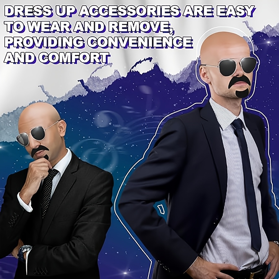 Bald Cap with Fake Mustache and Wig Hat Set, Party Costume Accessory for Men Women, Halloween Cosplay Prop, Funny Bald Head Wig for Role Play, Masquerade Costume Set for Adult Party