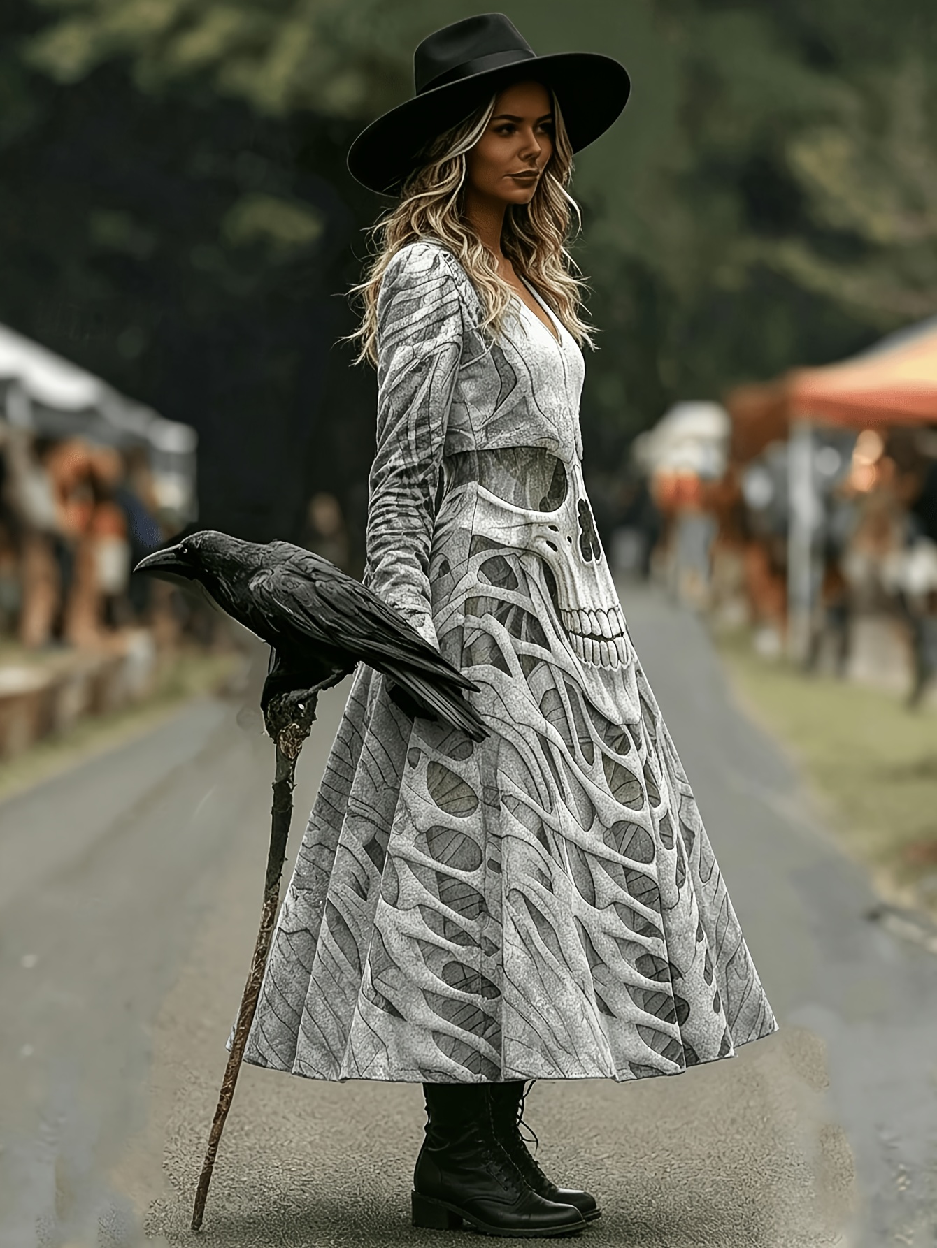 Women's Gothic Elegant Skull Print A-Line Midi Dress - Long Sleeve Full-Length Suitable for Halloween Costumes, Themed Parties & Daily Wear, Machine Washable Dress with Skull Pattern (No Transparency) - Image 3