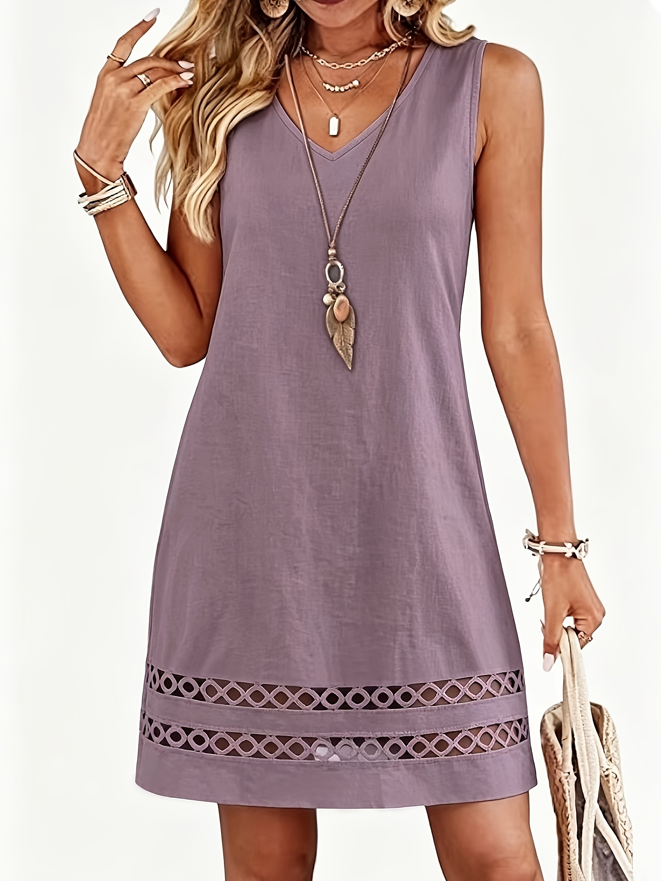 Summer Women's V-Neck Sleeveless Lace Trim Dress, Elegant Lace Hem Mini Maxi Dress for Beach Vacation - Image 7