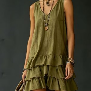 2026 New Women'S Loose Solid Color Vest Dress, Casual Summer Elegant Pullover, Sleeveless A-Line Skirt, Cake Tiered Design