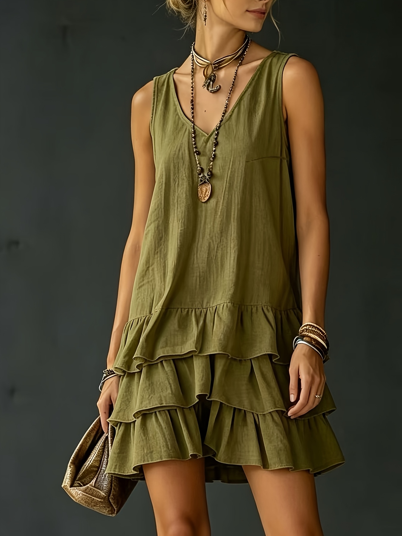 2026 New Women'S Loose Solid Color Vest Dress, Casual Summer Elegant Pullover, Sleeveless A-Line Skirt, Cake Tiered Design