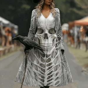 Women's Gothic Elegant Skull Print A-Line Midi Dress - Long Sleeve Full-Length Suitable for Halloween Costumes, Themed Parties & Daily Wear, Machine Washable Dress with Skull Pattern (No Transparency)