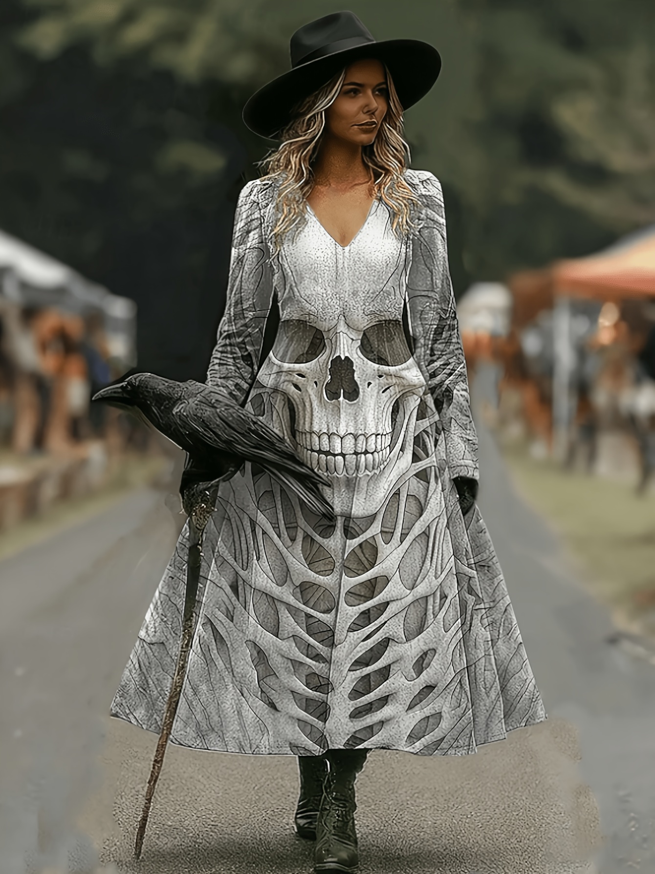 Women's Gothic Elegant Skull Print A-Line Midi Dress - Long Sleeve Full-Length Suitable for Halloween Costumes, Themed Parties & Daily Wear, Machine Washable Dress with Skull Pattern (No Transparency)