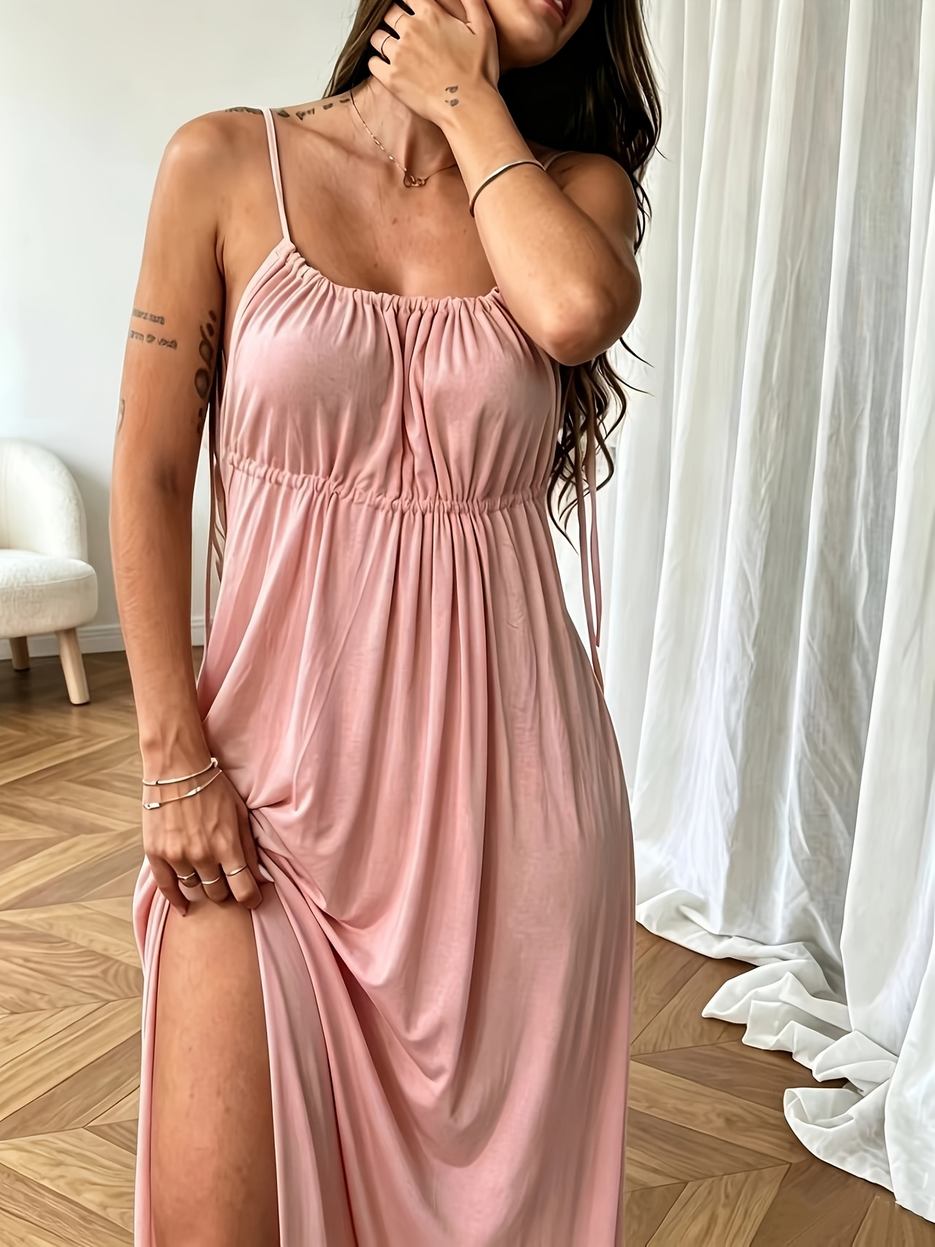 Backless Camisole Long Home Dress, Wearable as Outerwear or Vacation Loungewear, Long Loose Sleepwear, Two-Way Styling! A Relaxed Camisole Maxi Dress Suitable for Both Home and Vacation Wear