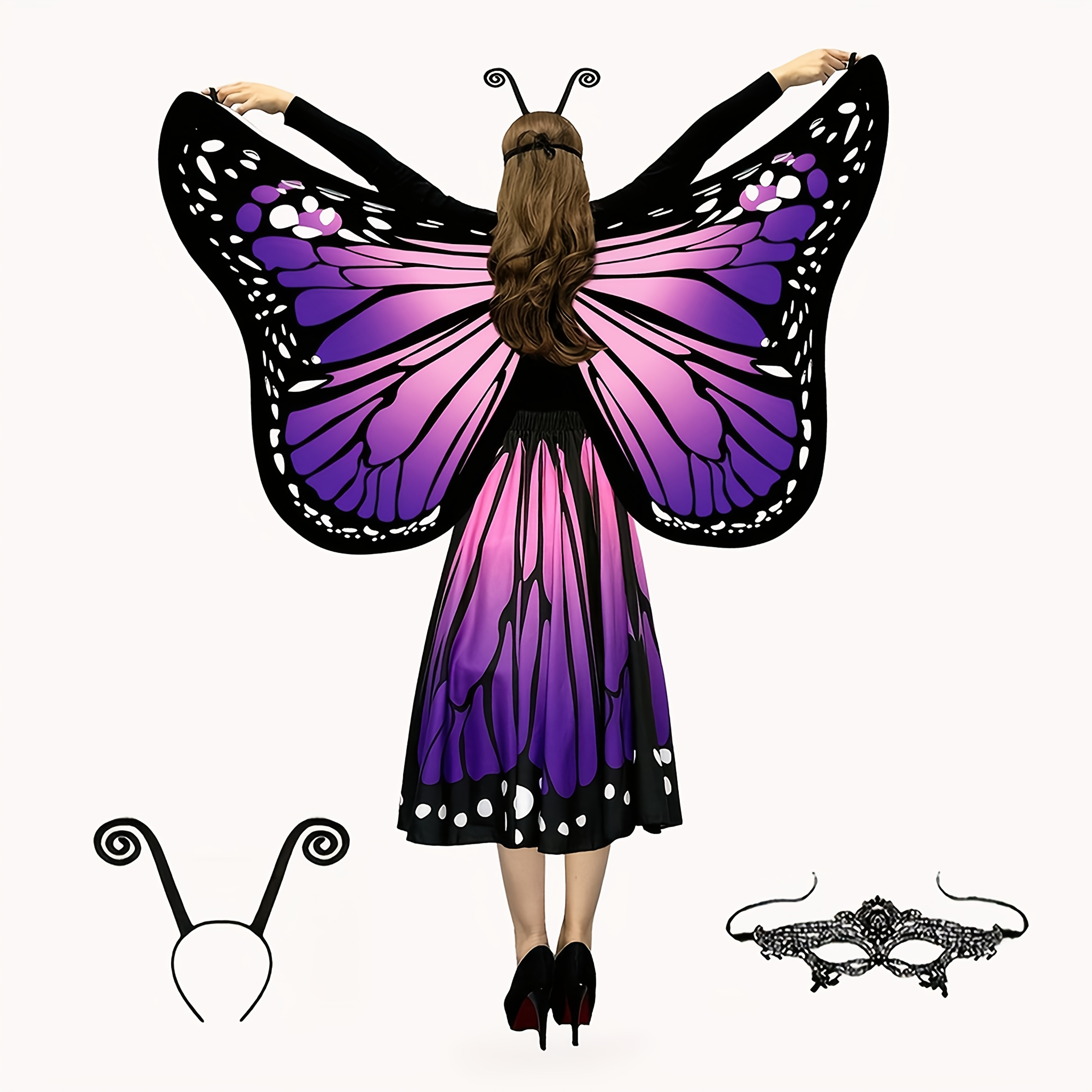 Women'S 4pcs Butterfly Costume Set with Cape, Skirt, Lace Mask And Antenna Headband - Lightweight Halloween Outfit for Christmas Parties, Carnival Parades, Cosplay Events And Masquerade Balls - Perfect Gift for Her - Image 8