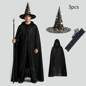 3pcs Adult Wizard Costume Complete Outfit with Hooded Cloak, Wizard Hat & Magic Wand - Unisex Wizard Robe for Halloween, Cosplay, Themed Parties Suitable for Role Play, Stage Performances, Carnivals - Wizarding