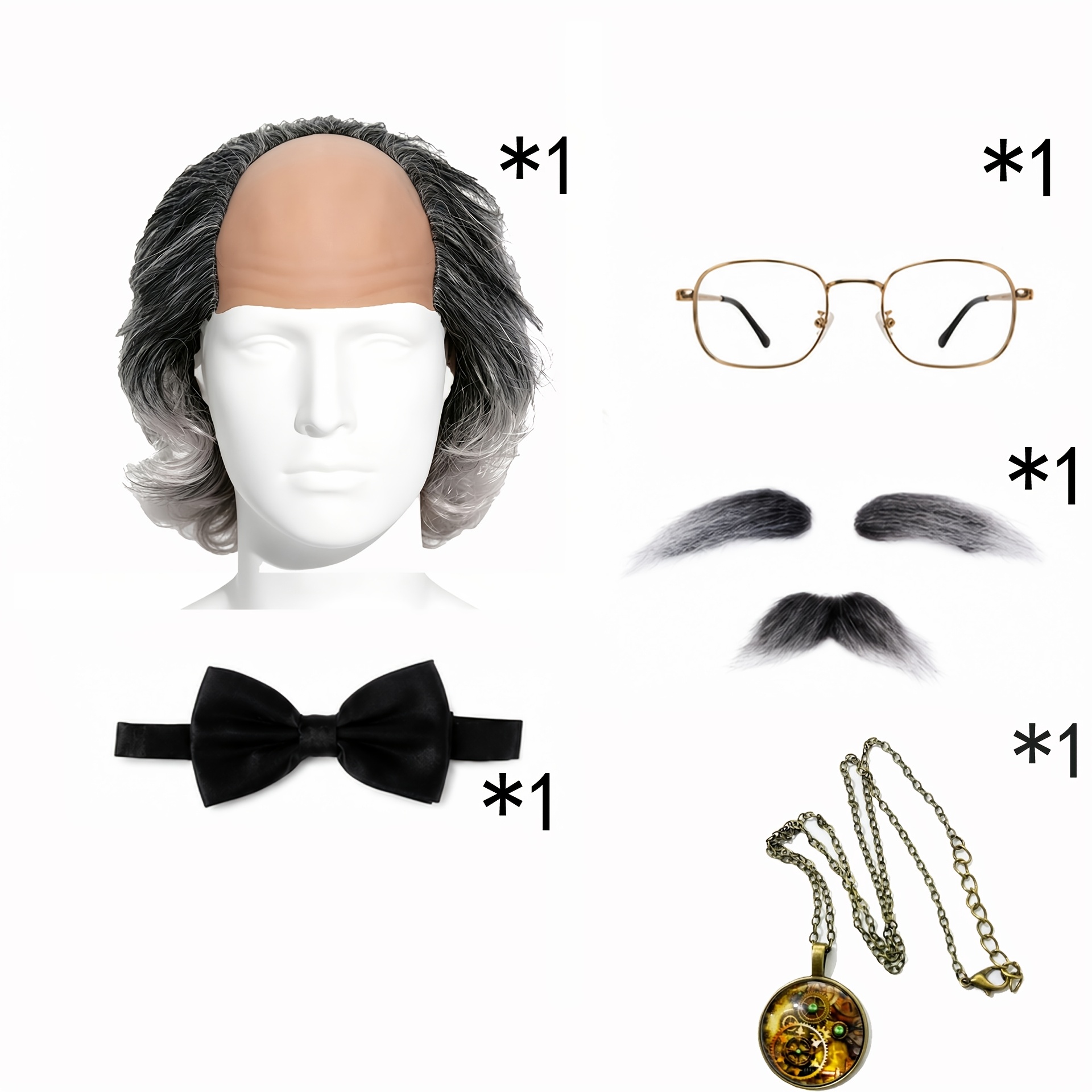 5pcss Halloween Fun Elderly Gray Bald Hat And Beard And Faux Pocket Watch Necklace And Glasses And Bow Tie 5pcss Set, Men'S Halloween Cosplay Costume, Suitable for Party Stage Performance Dress-Up, Holiday Performance - Image 6