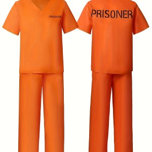 Halloween Adult Prisoner Costume, Stage Role-Play Jailhouse Outfit, Short-Sleeve Set