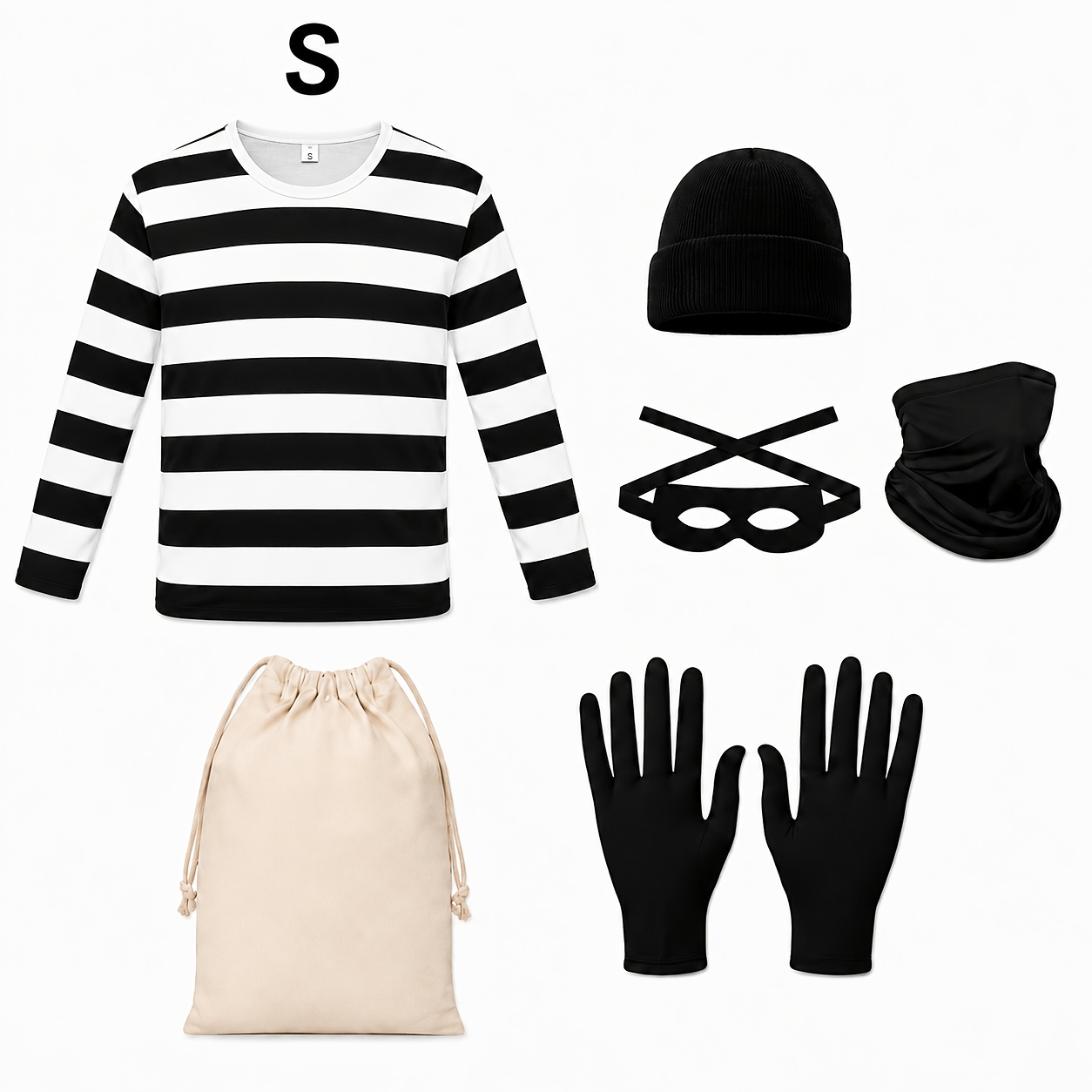 6pcs Halloween Thief Costume Set, Including a Black and White Striped Long-sleeve Top, Black Hat, Face Mask, Strapped Blindfold, Black Gloves, and a Drawstring Money Pouch. Suitable for Halloween Parties and Escape Room Themed Funny Role-playing - Image 6