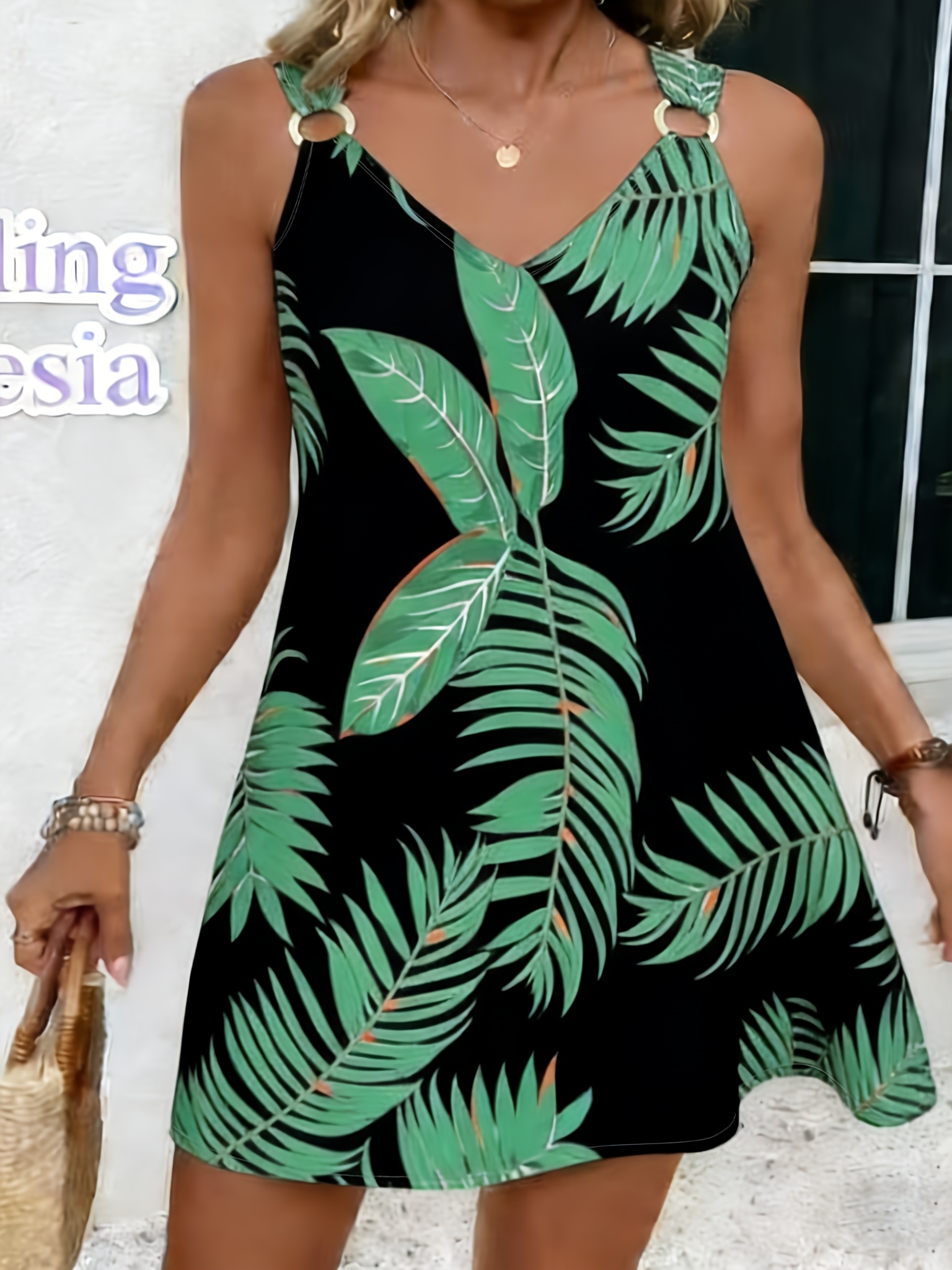 New 2026 Summer Collection: Elegant Summer Leaf-Print Comfortable Spaghetti Suspender Dress. A Vacation Essential, One for Everyone. Features a Unique Leaf and Print Design. Loose Fit Suits All Body Types. White Circular Buttons Add Character - Image 6