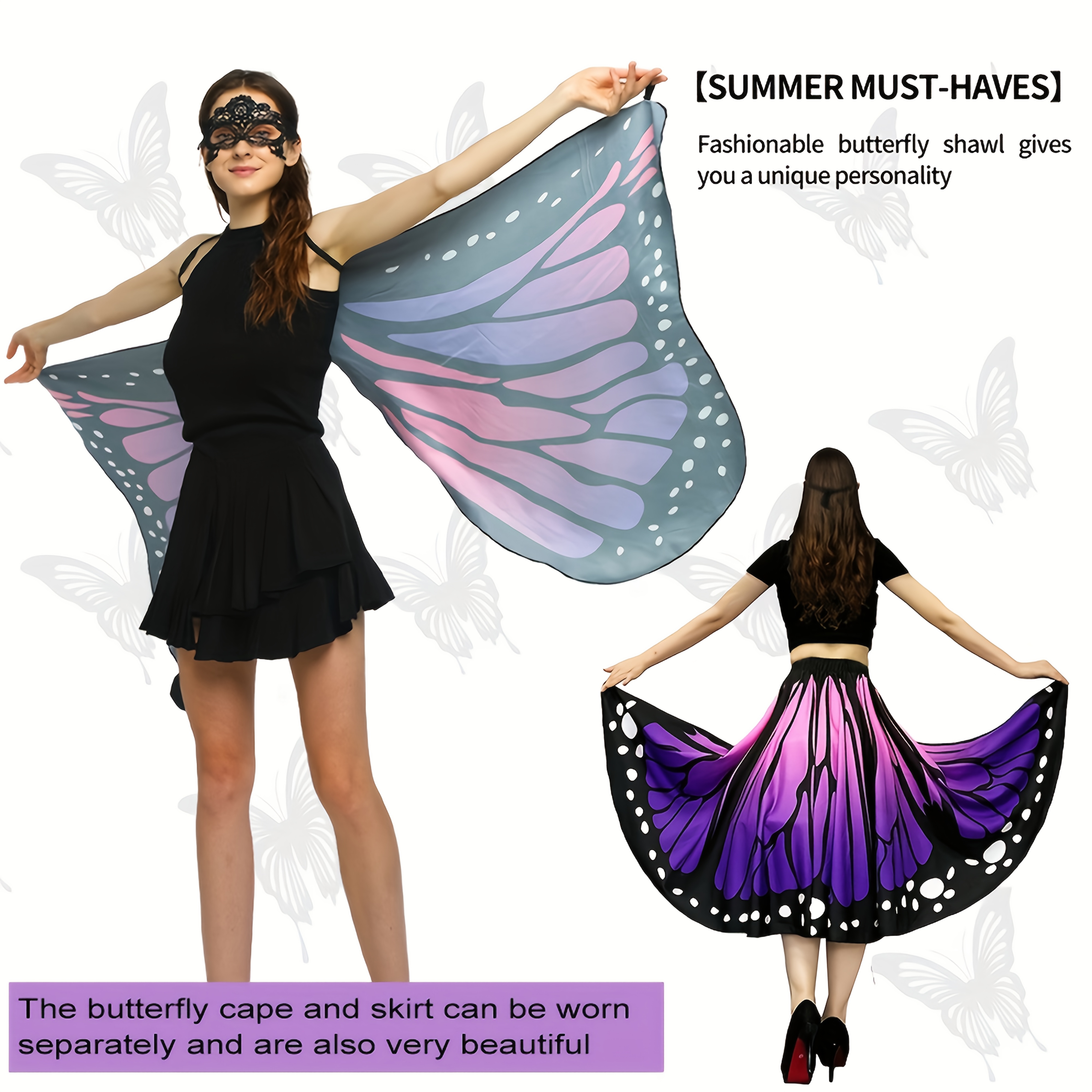 Women'S 4pcs Butterfly Costume Set with Cape, Skirt, Lace Mask And Antenna Headband - Lightweight Halloween Outfit for Christmas Parties, Carnival Parades, Cosplay Events And Masquerade Balls - Perfect Gift for Her - Image 15