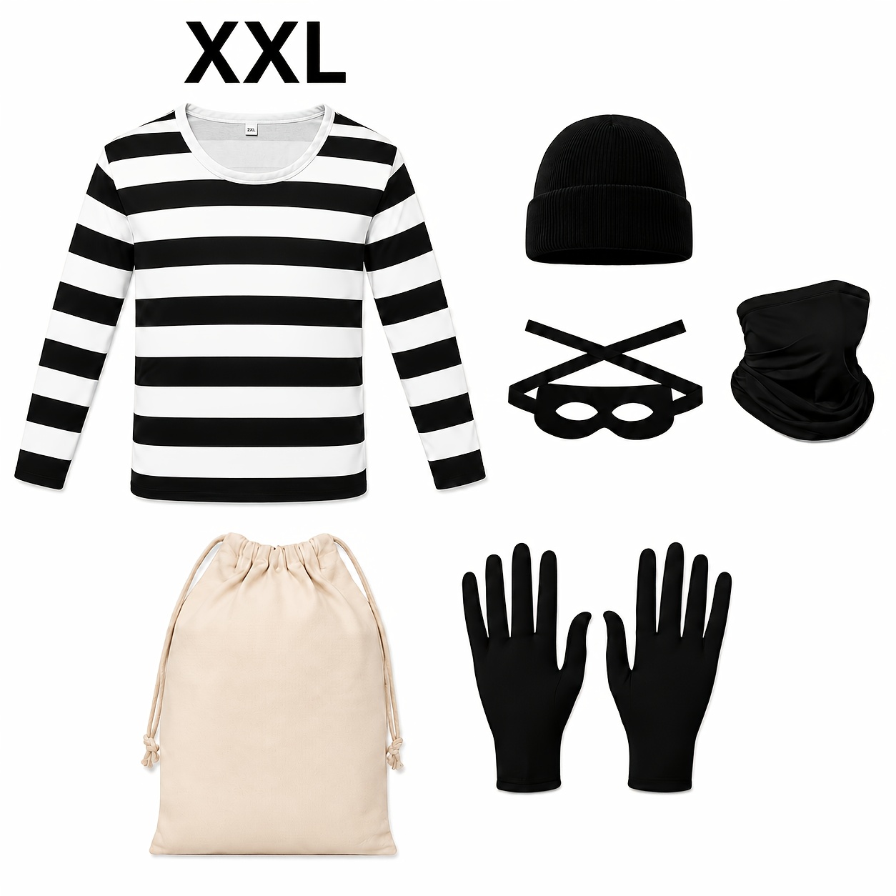 6pcs Halloween Thief Costume Set, Including a Black and White Striped Long-sleeve Top, Black Hat, Face Mask, Strapped Blindfold, Black Gloves, and a Drawstring Money Pouch. Suitable for Halloween Parties and Escape Room Themed Funny Role-playing - Image 11