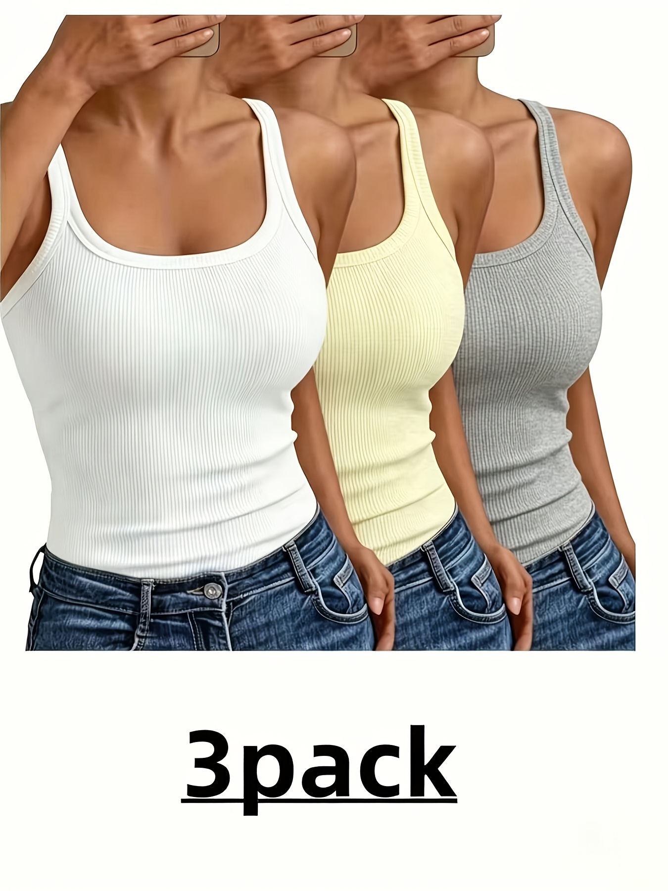 3pcs Simple Solid Ribbed Sleeveless Tops, Slim Fit Casual Tank Tops for Everyday Use - Image 2