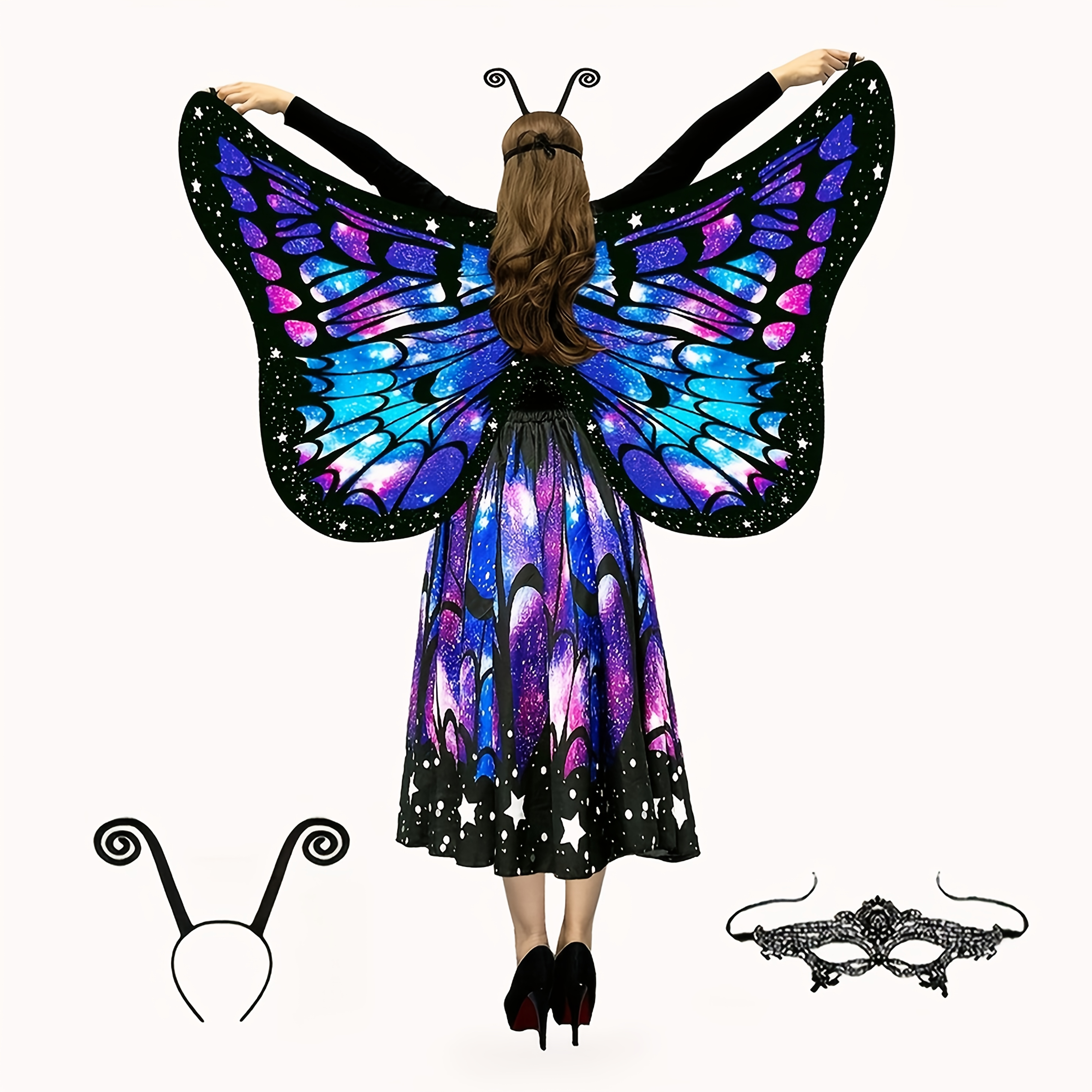 Women'S 4pcs Butterfly Costume Set with Cape, Skirt, Lace Mask And Antenna Headband - Lightweight Halloween Outfit for Christmas Parties, Carnival Parades, Cosplay Events And Masquerade Balls - Perfect Gift for Her - Image 6