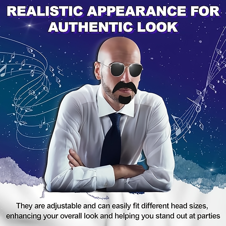 Bald Cap with Fake Mustache and Wig Hat Set, Party Costume Accessory for Men Women, Halloween Cosplay Prop, Funny Bald Head Wig for Role Play, Masquerade Costume Set for Adult Party