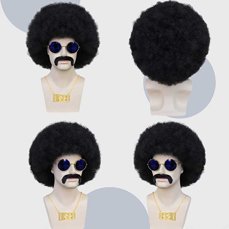 5pcs Set: Wig + Wig Cap + Glasses + Mustache + Necklace. Afro Wig, 70s Men's Afro Wig, 70s Curly Wig, Disco Party Wig, Men's 70s Disco Wig, Short Black Curly Wig, Joystick Costume, Halloween Wig, Men's Role-Play Wig