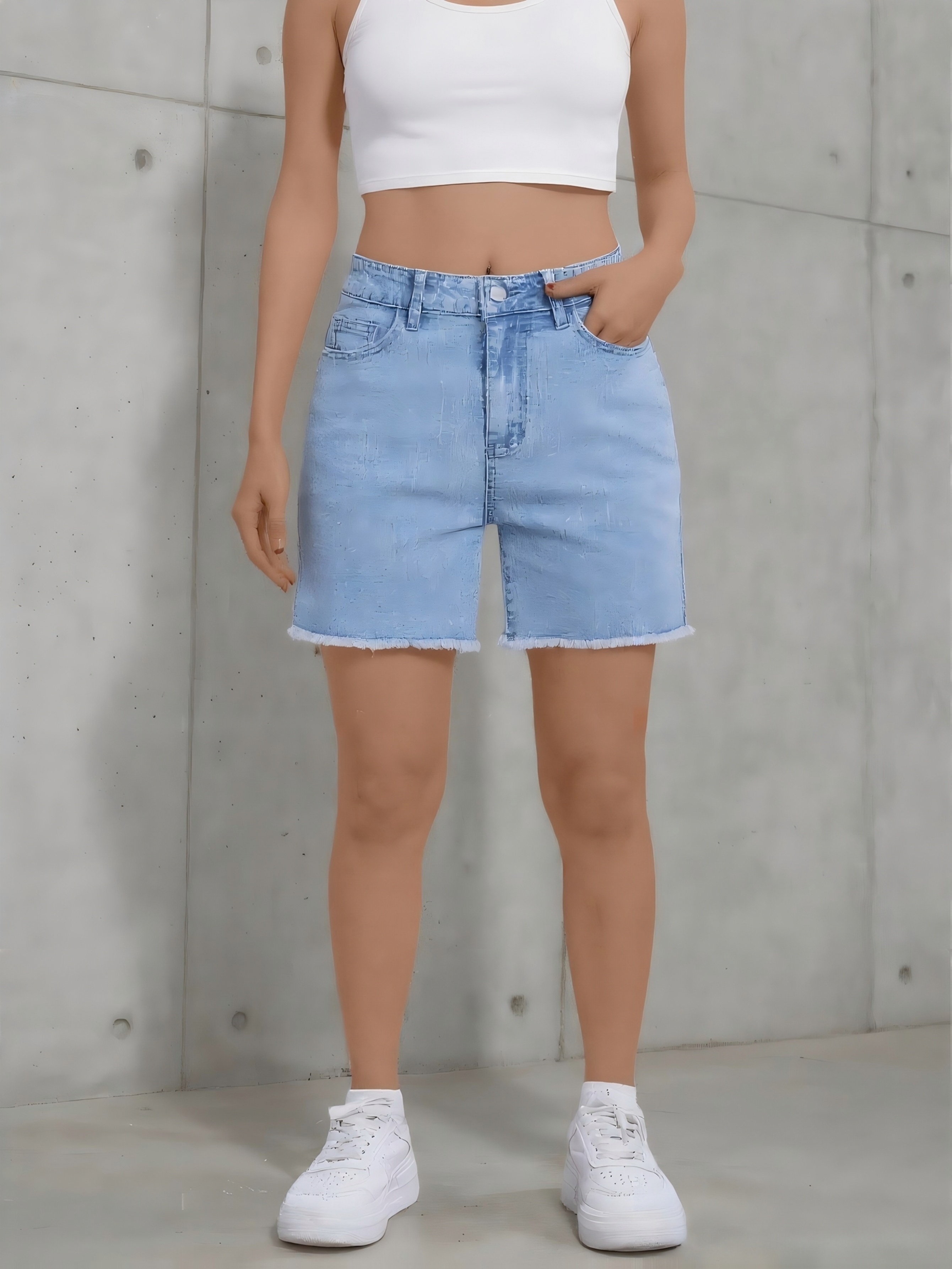 Women's Plus Size Fashion Distressed Snowflake Frayed Hem Stretch Denim Shorts - Image 3