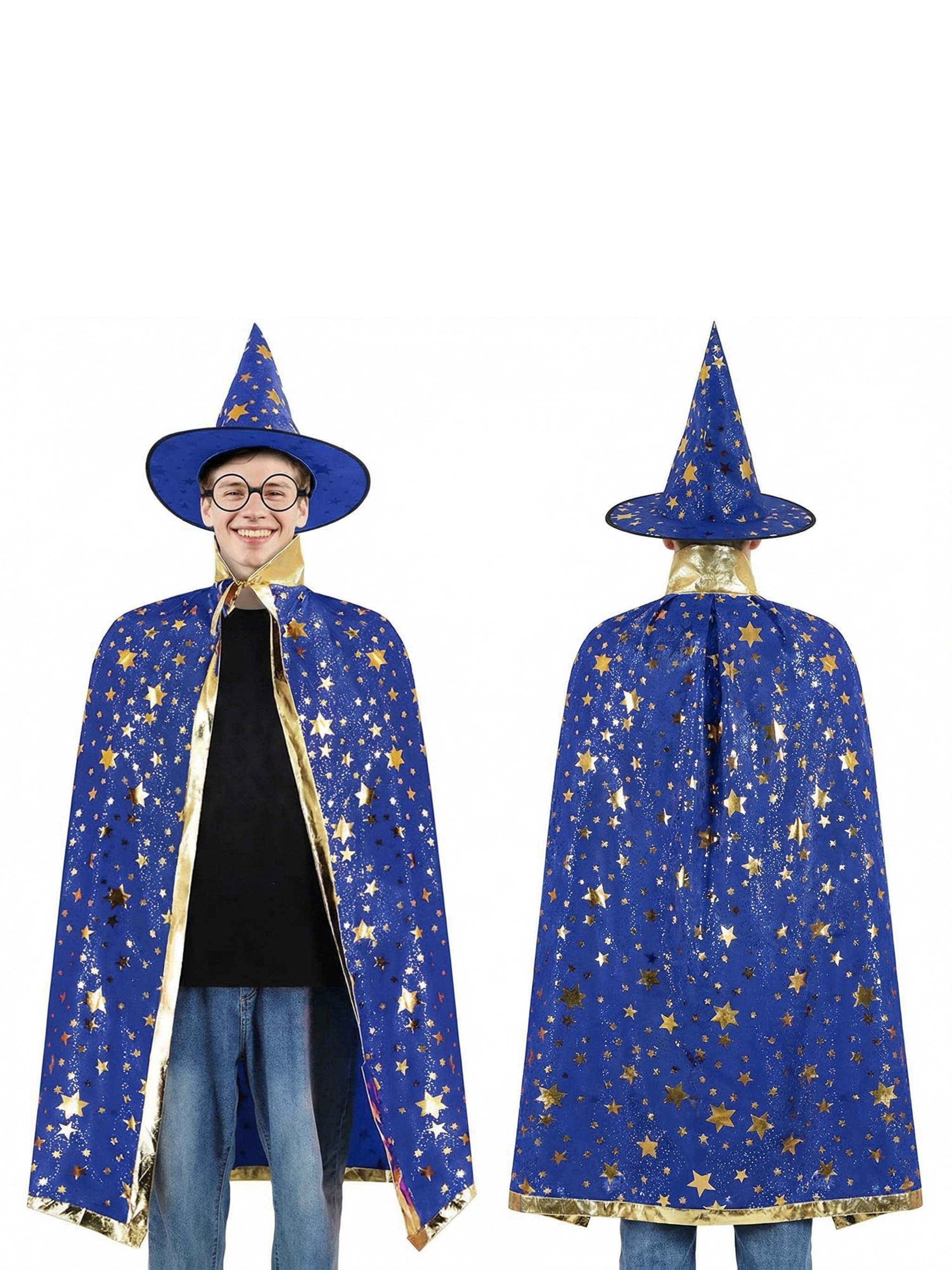 3pcs Wizard Costume for Teens, Blue & Golden Starry Witch Cape with Pointed Hat and Round Eyeglass Frames (No Lenses), Teenager Styling Costume for Halloween, Carnival, Masquerade, and School Performance, for Teenager - Image 6