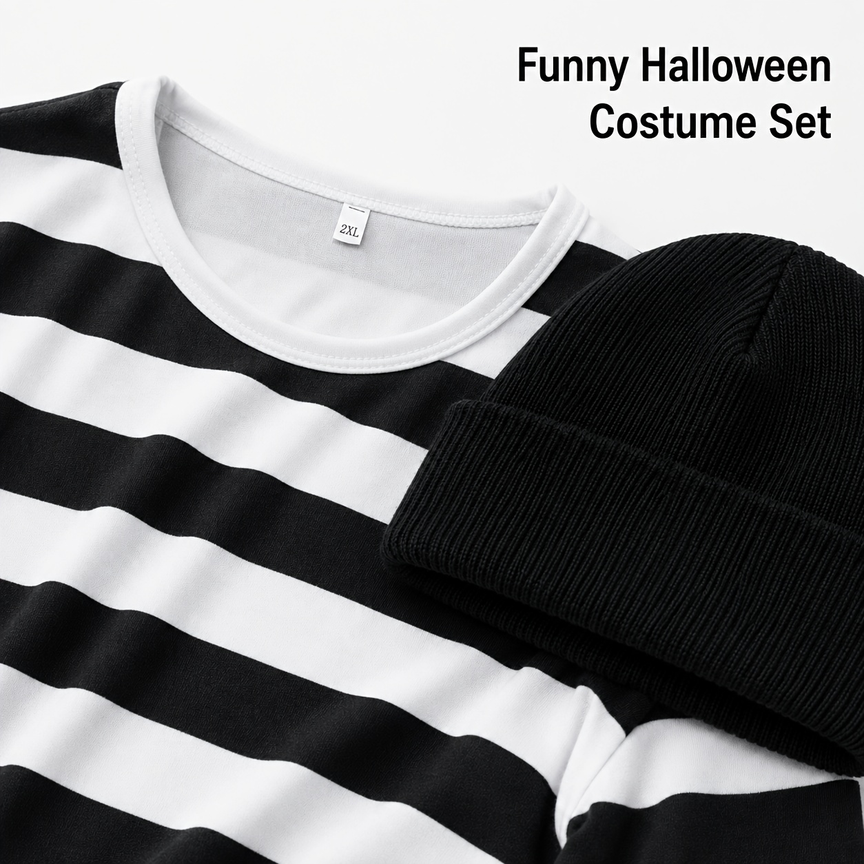 6pcs Halloween Thief Costume Set, Including a Black and White Striped Long-sleeve Top, Black Hat, Face Mask, Strapped Blindfold, Black Gloves, and a Drawstring Money Pouch. Suitable for Halloween Parties and Escape Room Themed Funny Role-playing