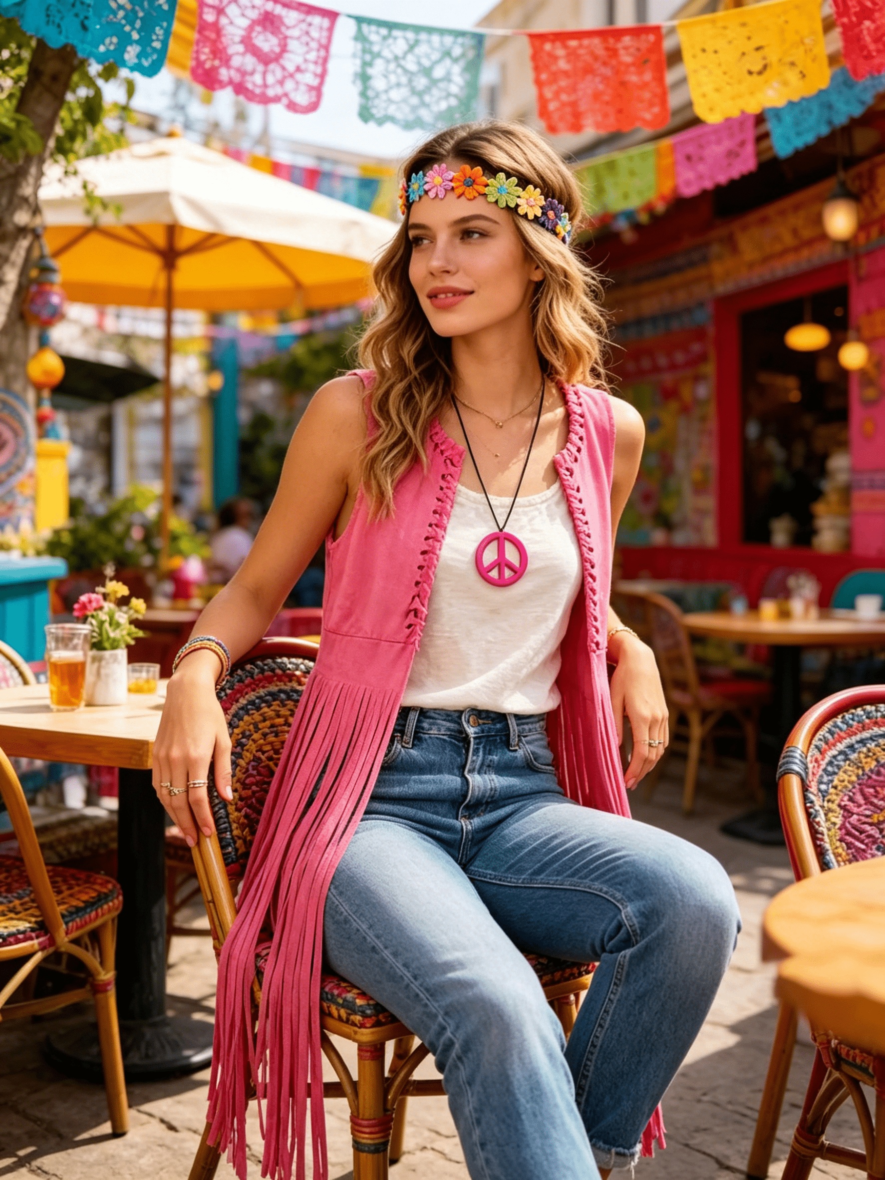60s 70s Retro Hippie 3pcs Outfit, Pink Striped Tank Top with Headband & Round Badge Accessories, Halloween Costume for Theme Party, Music Festival & Cosplay - Image 4