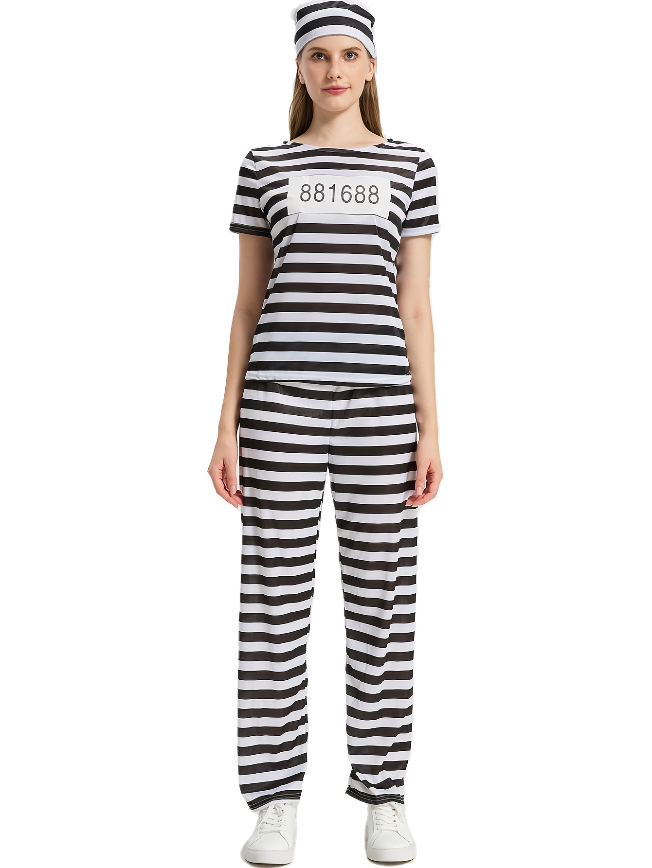 Halloween Prisoner Outfit for Women: Black and White Striped Top + Long Pants + Hat + Sticker Props, Horror Atmosphere Carnival Christmas Party Cosplay Costume, Women's Holiday Apparel