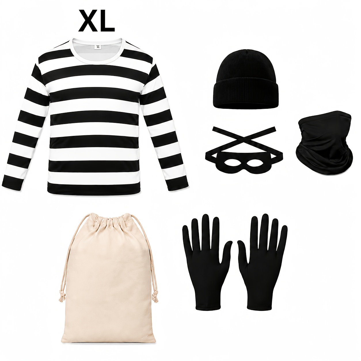 6pcs Halloween Thief Costume Set, Including a Black and White Striped Long-sleeve Top, Black Hat, Face Mask, Strapped Blindfold, Black Gloves, and a Drawstring Money Pouch. Suitable for Halloween Parties and Escape Room Themed Funny Role-playing - Image 10