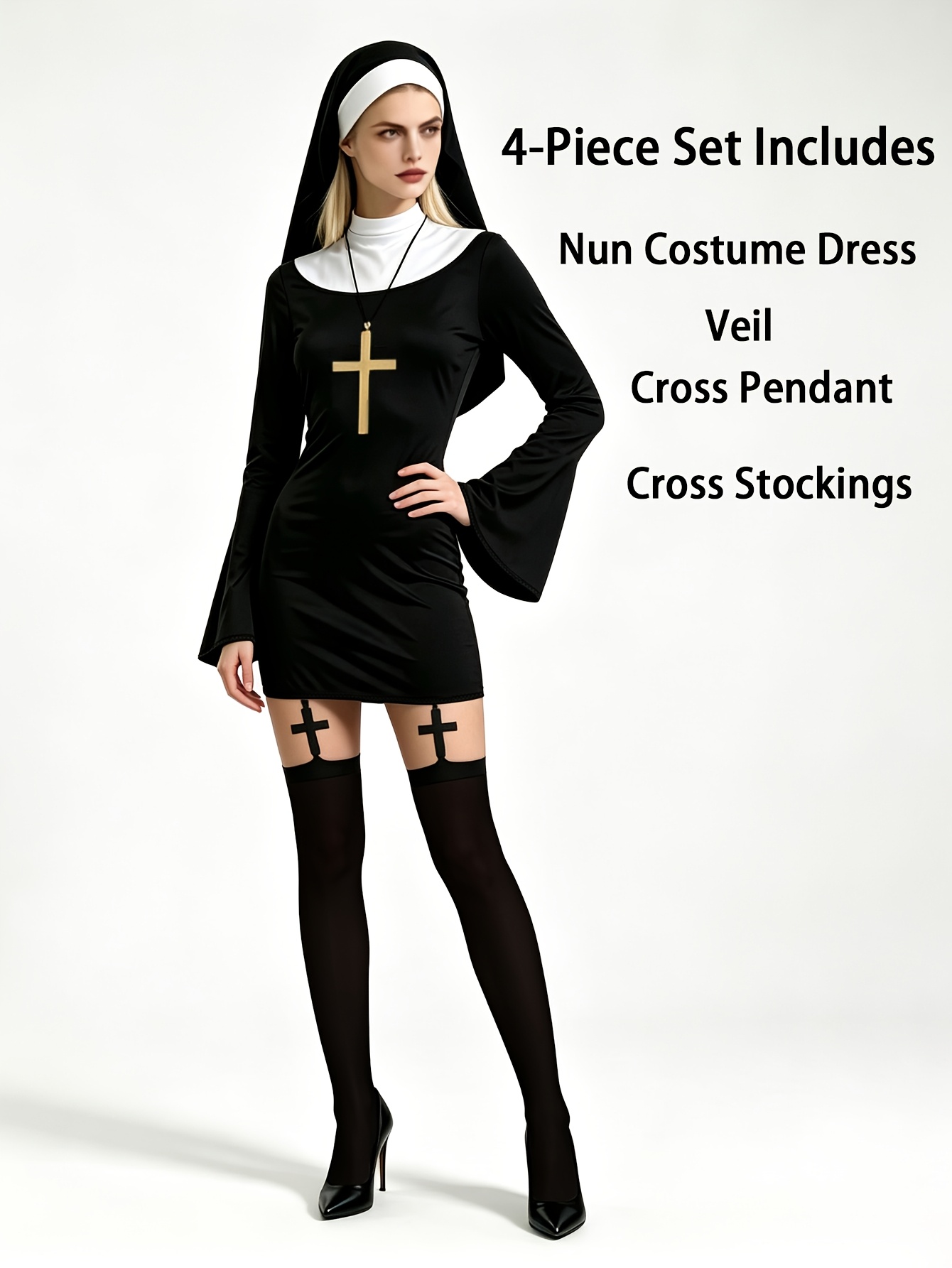 4pcs Set Women Nun Role Playing Costume, Halloween Christmas Cosplay Outfit with Nun Dress, Nun Veil, Cross Pendant Necklace And Cross Decorated Thigh High Stockings - Image 2