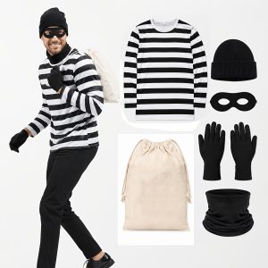 6pcs Halloween Thief Costume Set, Including a Black and White Striped Long-sleeve Top, Black Hat, Face Mask, Strapped Blindfold, Black Gloves, and a Drawstring Money Pouch. Suitable for Halloween Parties and Escape Room Themed Funny Role-playing