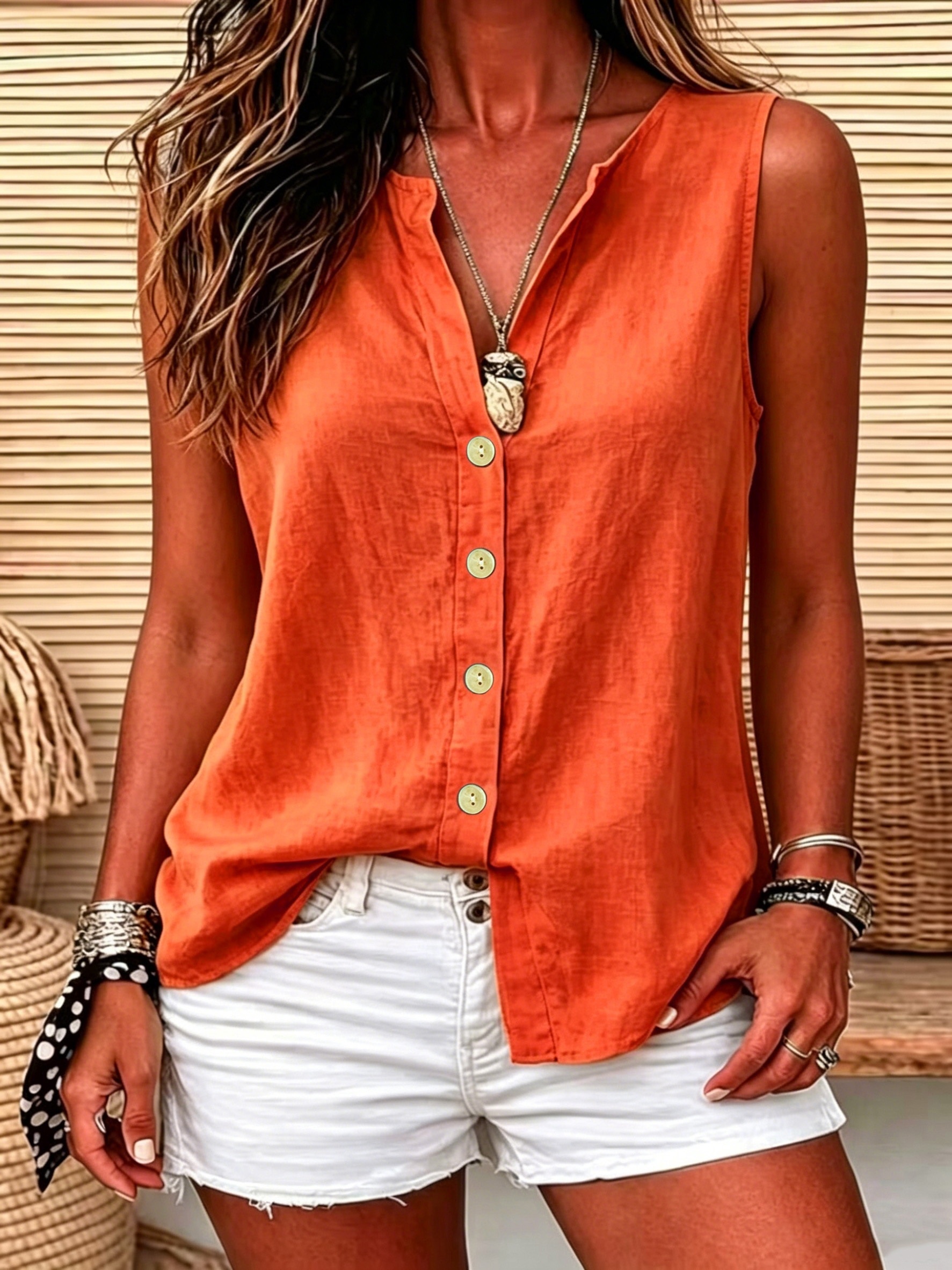 Women'S Casual Sleeveless Top, V-Neck Button-Up Vest Style, Solid Color Loose Fit Blouse, Suitable for Beach Casual And Daily Wear - Image 2