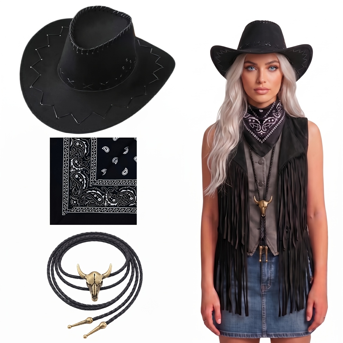 Women's 3pcs Vintage 70s Hippie Cowgirl Costume with Brown Stitch Western Hat, Red Bandana & Bull Bolo Tie - Retro Ranch Party Outfit Suitable for Rodeo, Country Music Festivals, Western-Themed Parties, Cowgirl Attire
