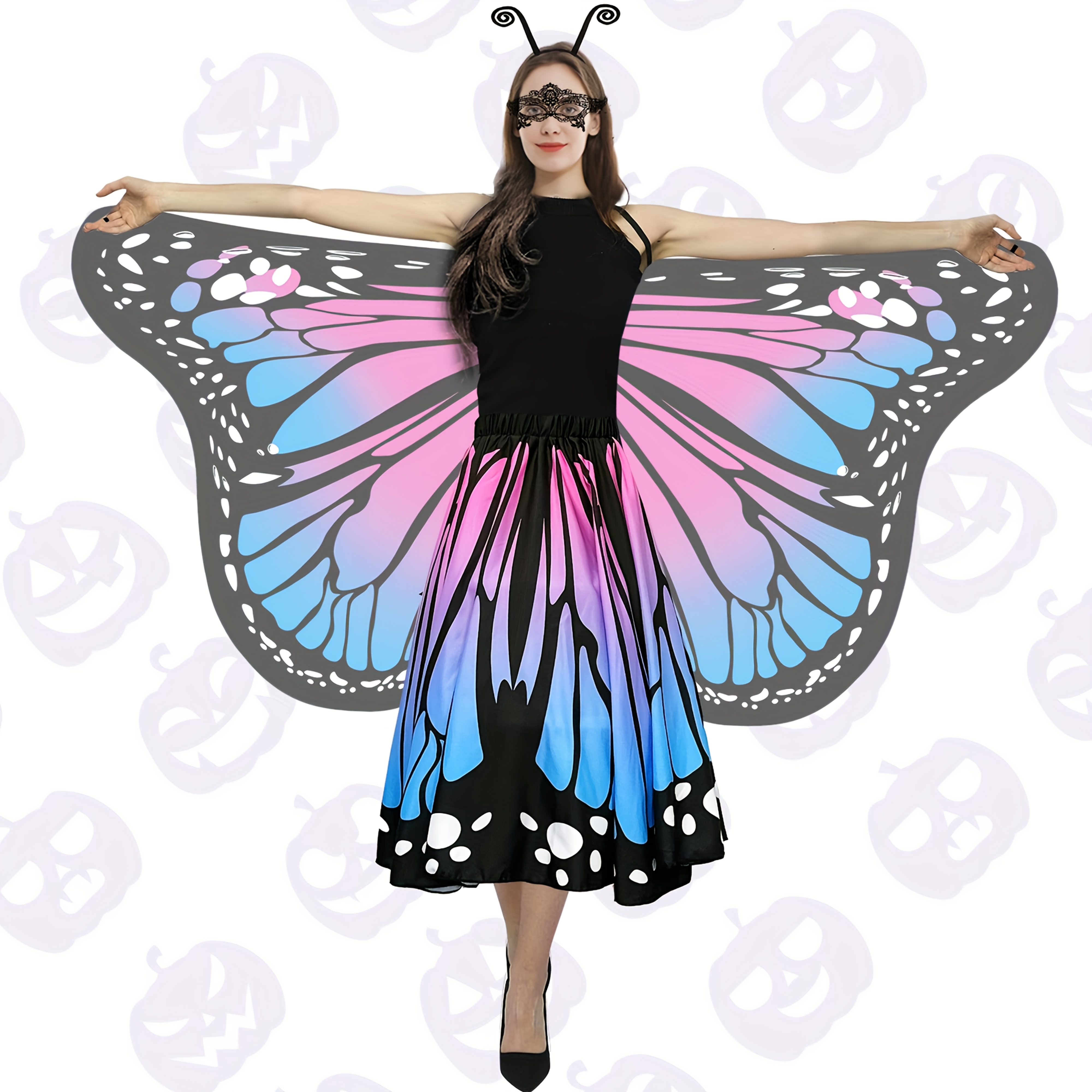 Women'S 4pcs Butterfly Costume Set with Cape, Skirt, Lace Mask And Antenna Headband - Lightweight Halloween Outfit for Christmas Parties, Carnival Parades, Cosplay Events And Masquerade Balls - Perfect Gift for Her
