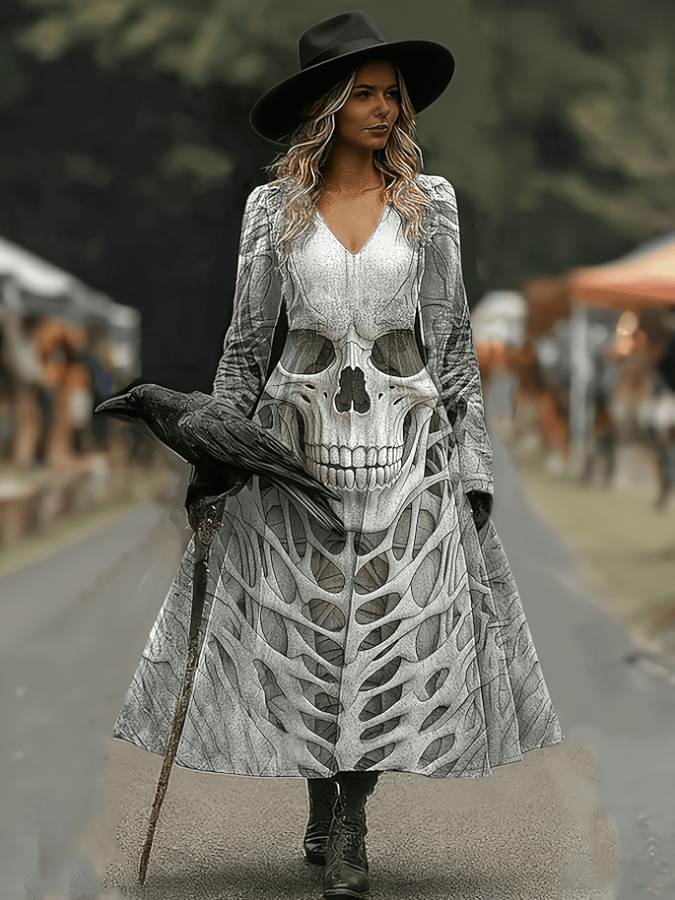 Women's Gothic Elegant Skull Print A-Line Midi Dress - Long Sleeve Full-Length Suitable for Halloween Costumes, Themed Parties & Daily Wear, Machine Washable Dress with Skull Pattern (No Transparency) - Image 5