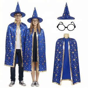 3pcs Wizard Costume for Teens, Blue & Golden Starry Witch Cape with Pointed Hat and Round Eyeglass Frames (No Lenses), Teenager Styling Costume for Halloween, Carnival, Masquerade, and School Performance, for Teenager