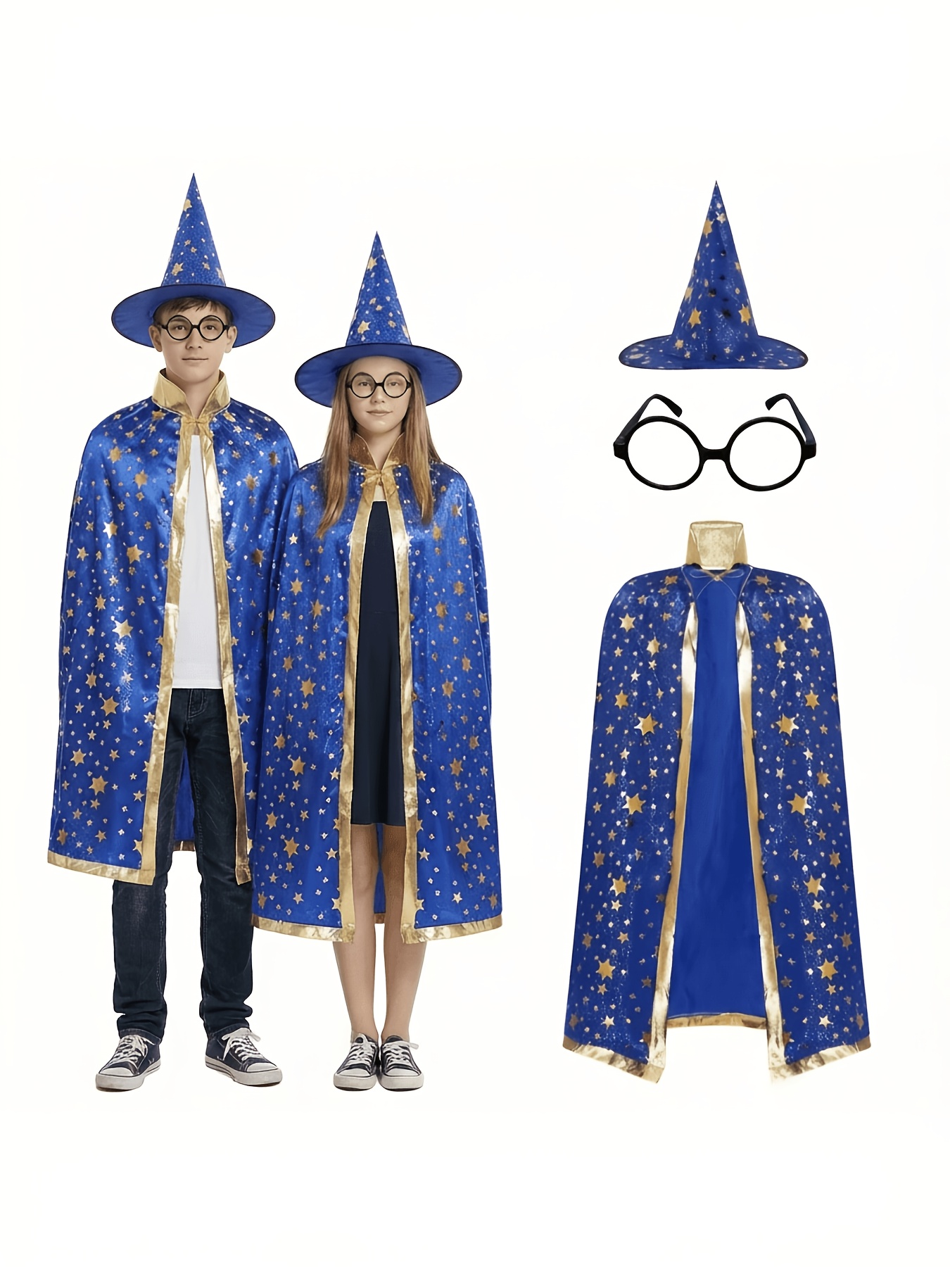 3pcs Wizard Costume for Teens, Blue & Golden Starry Witch Cape with Pointed Hat and Round Eyeglass Frames (No Lenses), Teenager Styling Costume for Halloween, Carnival, Masquerade, and School Performance, for Teenager