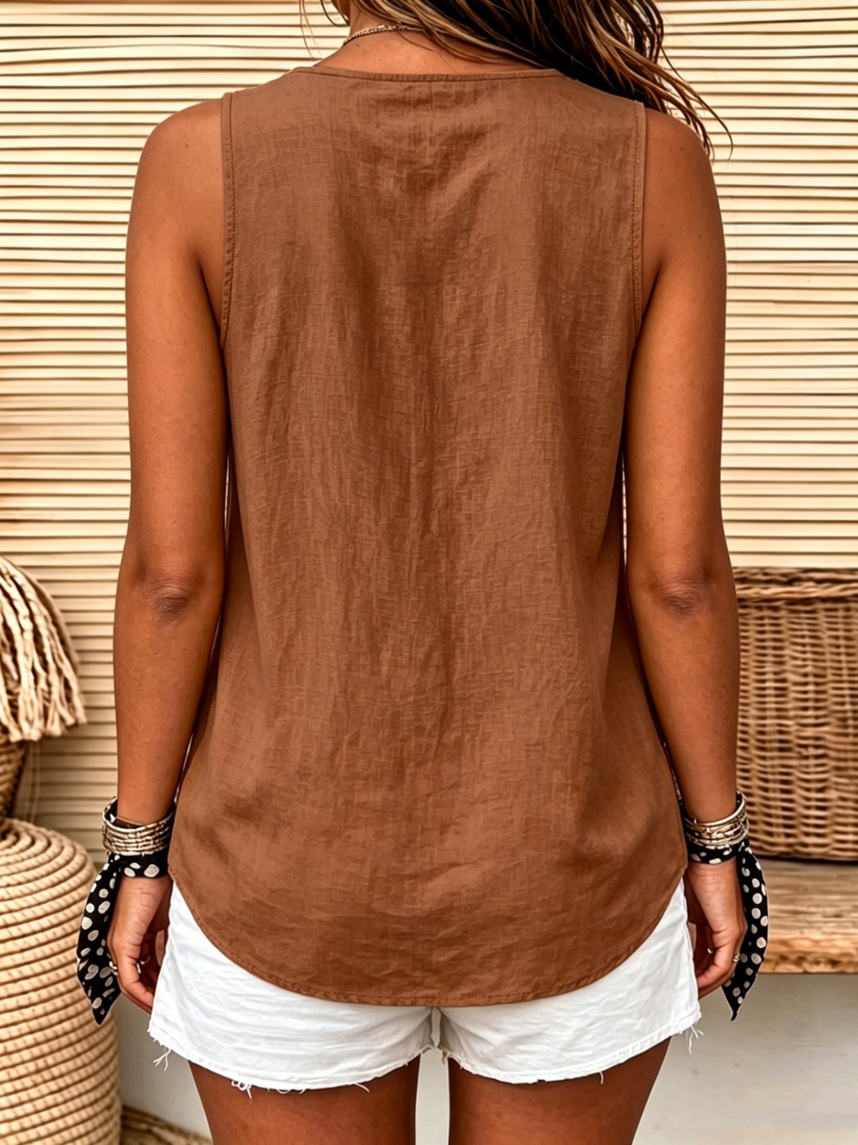 Women'S Casual Sleeveless Top, V-Neck Button-Up Vest Style, Solid Color Loose Fit Blouse, Suitable for Beach Casual And Daily Wear - Image 9