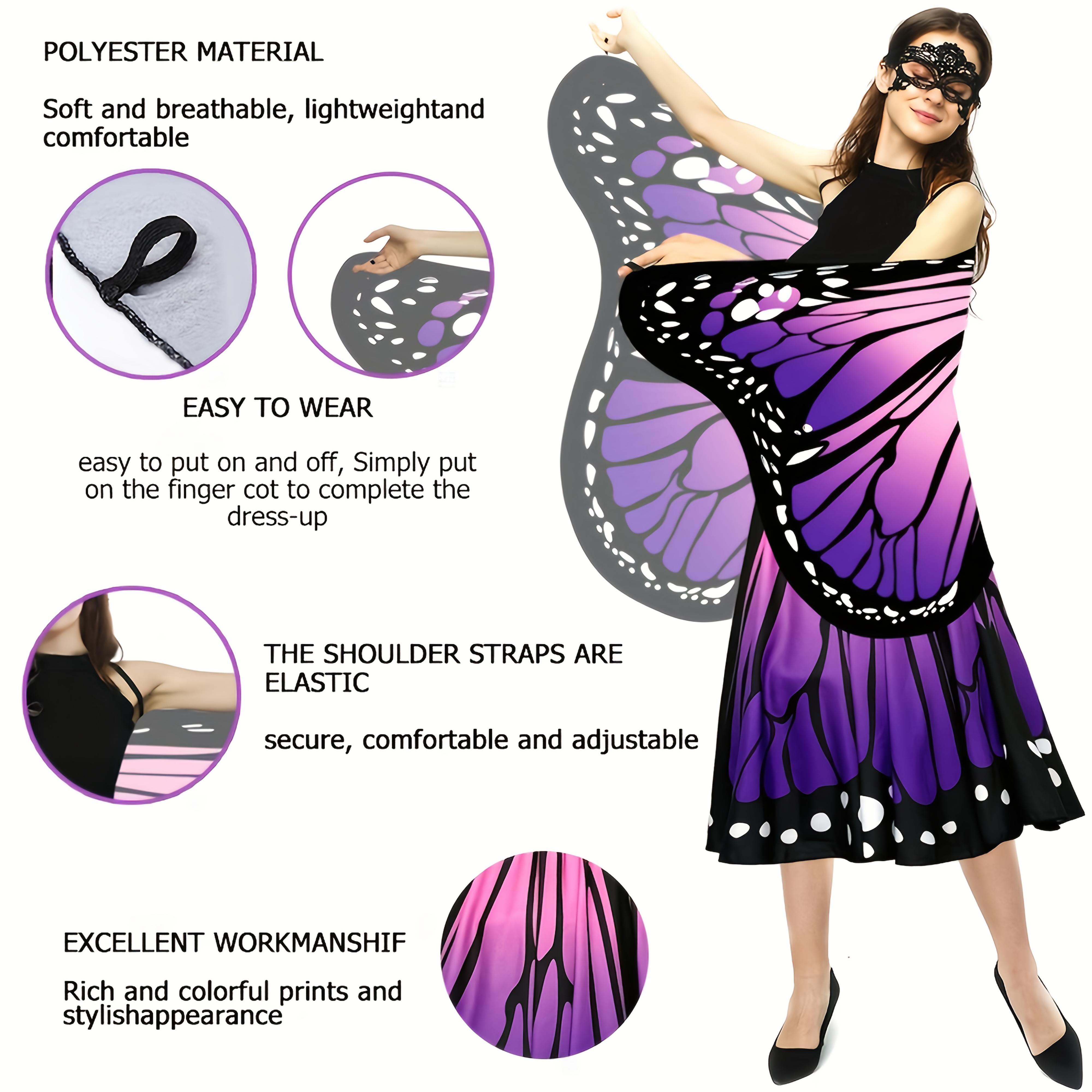 Women'S 4pcs Butterfly Costume Set with Cape, Skirt, Lace Mask And Antenna Headband - Lightweight Halloween Outfit for Christmas Parties, Carnival Parades, Cosplay Events And Masquerade Balls - Perfect Gift for Her - Image 9