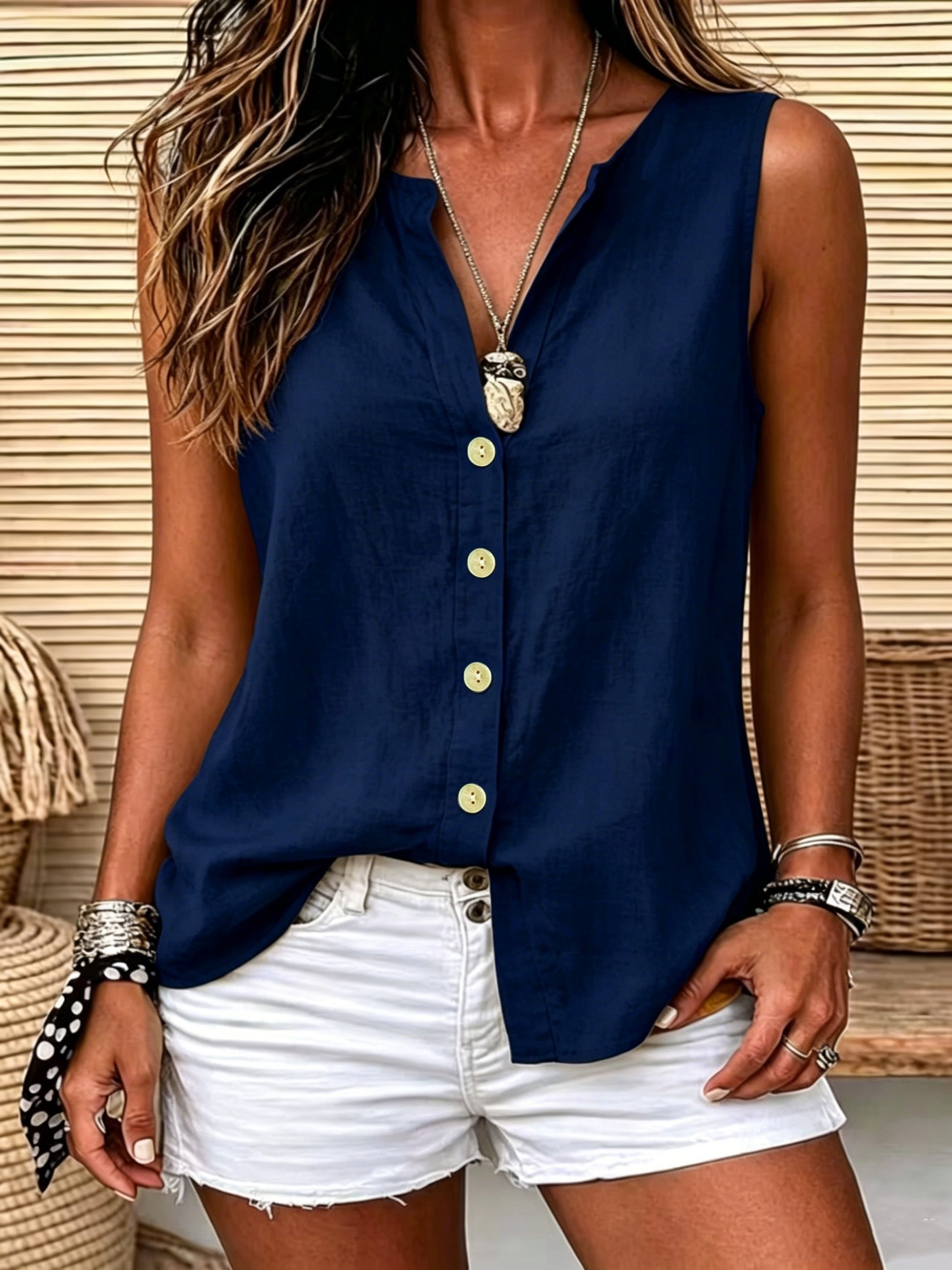 Women'S Casual Sleeveless Top, V-Neck Button-Up Vest Style, Solid Color Loose Fit Blouse, Suitable for Beach Casual And Daily Wear - Image 7