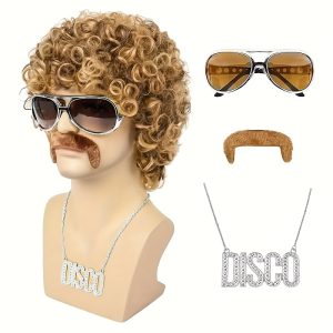 New Disco Wig Set of 5 (Wig + Silvery Glasses + Silvery Necklace + Mustache + Wig Cap) 70S Costume Wig, African Wig, Men'S Short Curly Fluffy Synthetic Hair Wig for Halloween Disco Party