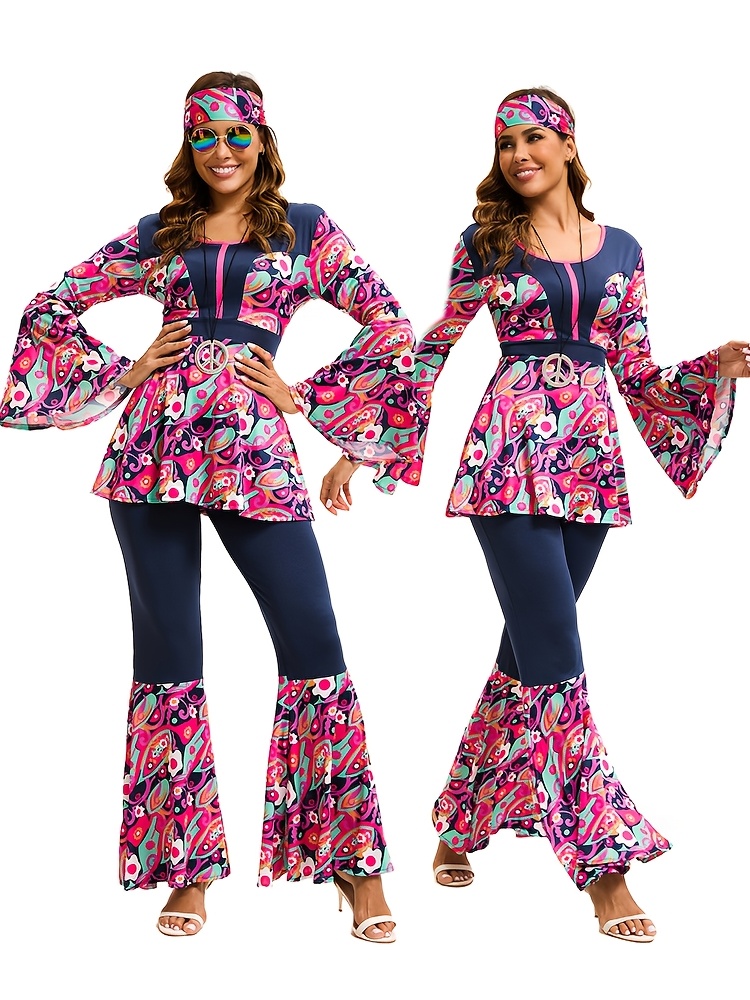 4pcs Set of 70s Hippie Disco Retro Clothing for Women, Including Long Sleeved Shirt+flared Pants+headband+peace Pendant, Holiday Costume Set, Cosplay Costume, Halloween Costume Decoration