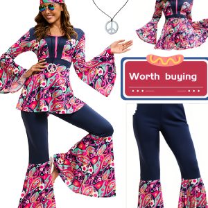 4pcs Set of 70s Hippie Disco Retro Clothing for Women, Including Long Sleeved Shirt+flared Pants+headband+peace Pendant, Holiday Costume Set, Cosplay Costume, Halloween Costume Decoration