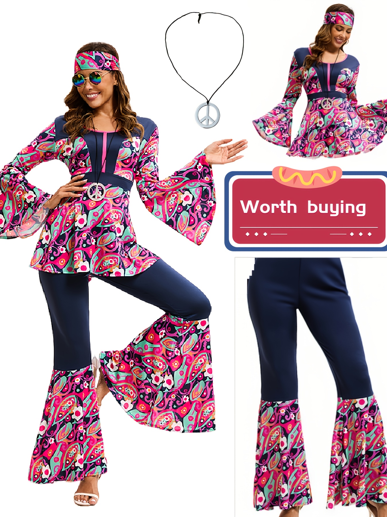 4pcs Set of 70s Hippie Disco Retro Clothing for Women, Including Long Sleeved Shirt+flared Pants+headband+peace Pendant, Holiday Costume Set, Cosplay Costume, Halloween Costume Decoration