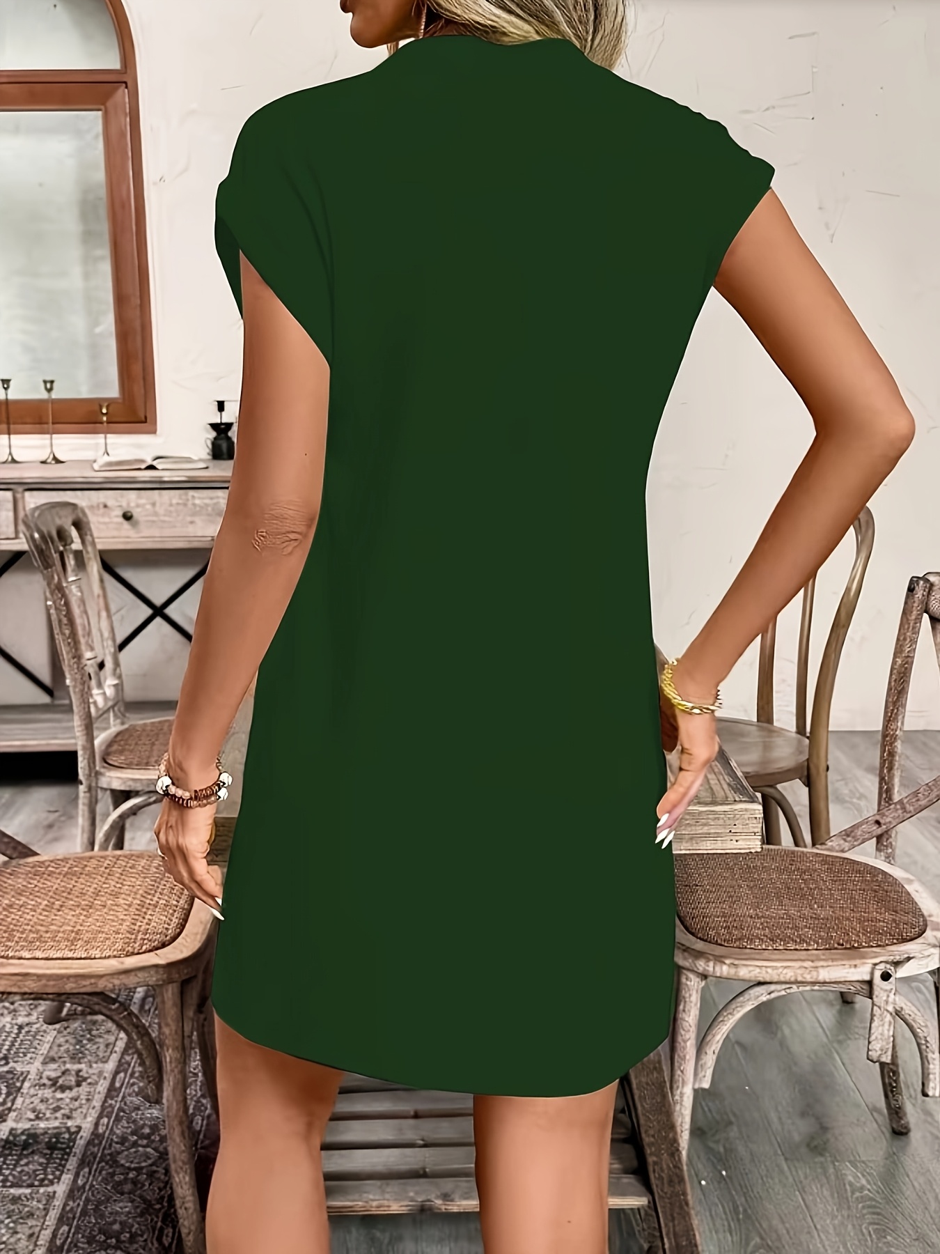 Women's Dress, New Summer Style, V-Neck Short Sleeve Loose Fit Casual Dress, Elegant and, Simple and Generous for Daily Commuting, Vacation Beach Dress, Party Outfit, Comfortable and Breathable, A-Line Cut, European and American Style - Image 5