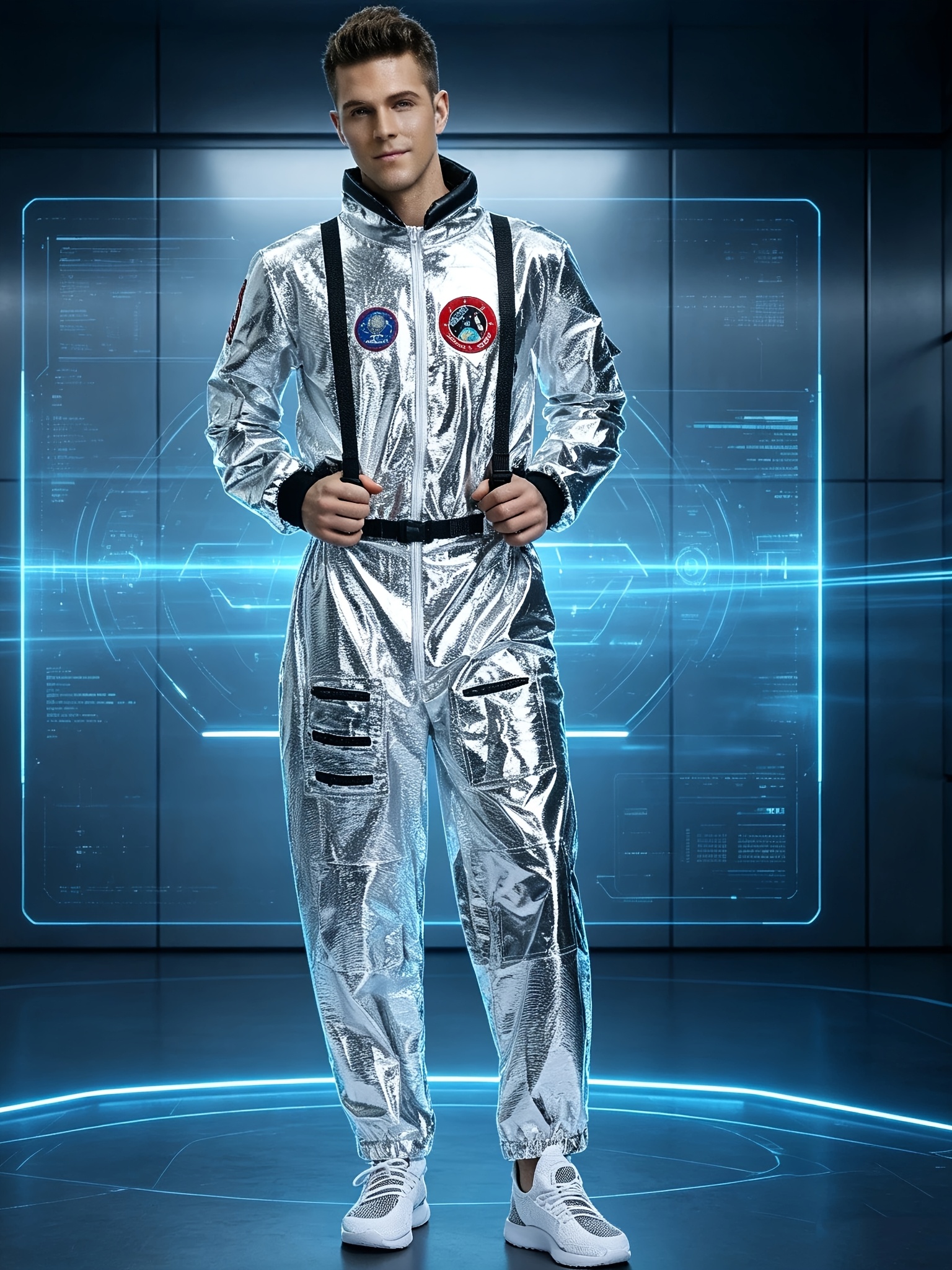 Men'S Silver Astronaut Costume Adult Spaceman Jumpsuit Space Explorer Suit for Halloween Party Role Play - Image 2