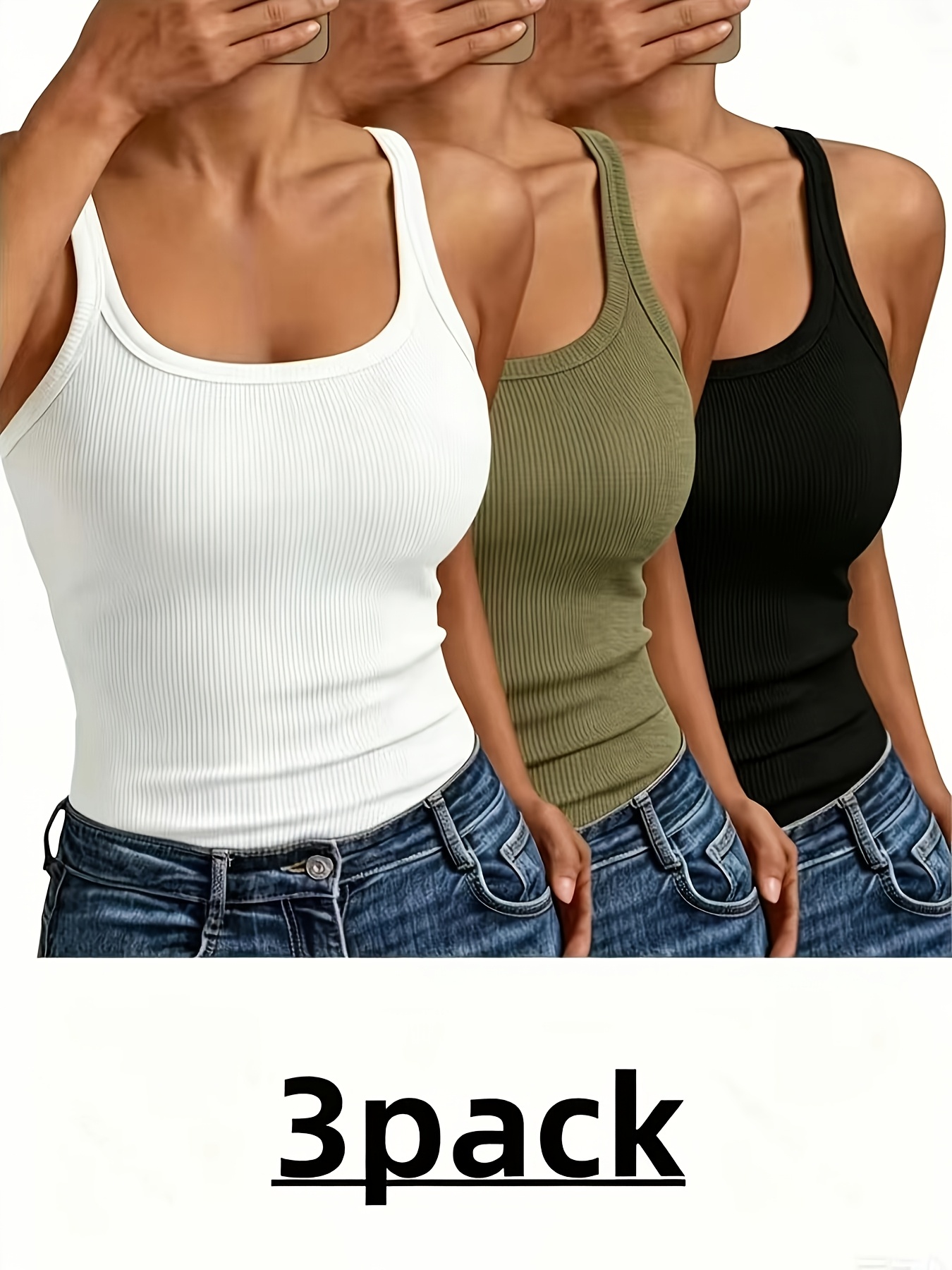 3pcs Simple Solid Ribbed Sleeveless Tops, Slim Fit Casual Tank Tops for Everyday Use - Image 3
